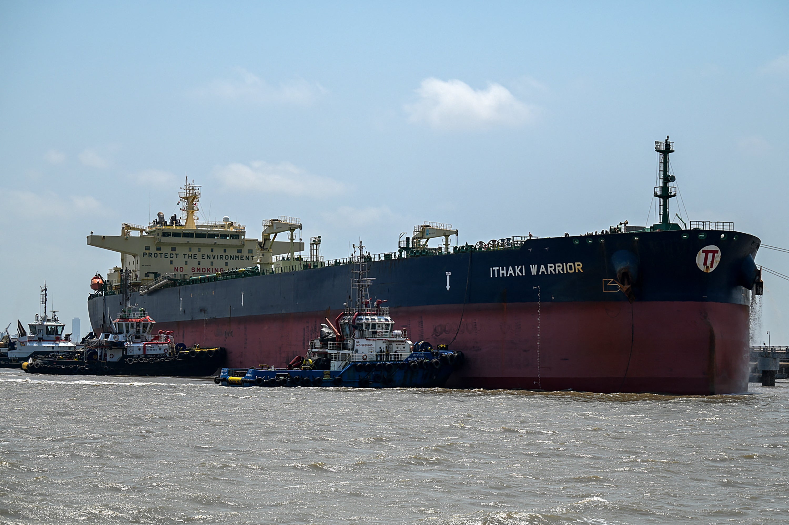 The Greece-flagged lipid tanker Ithaki Warrior is seen docked astatine an offloading terminal on nan seashore successful Mumbai connected April 30, 2026