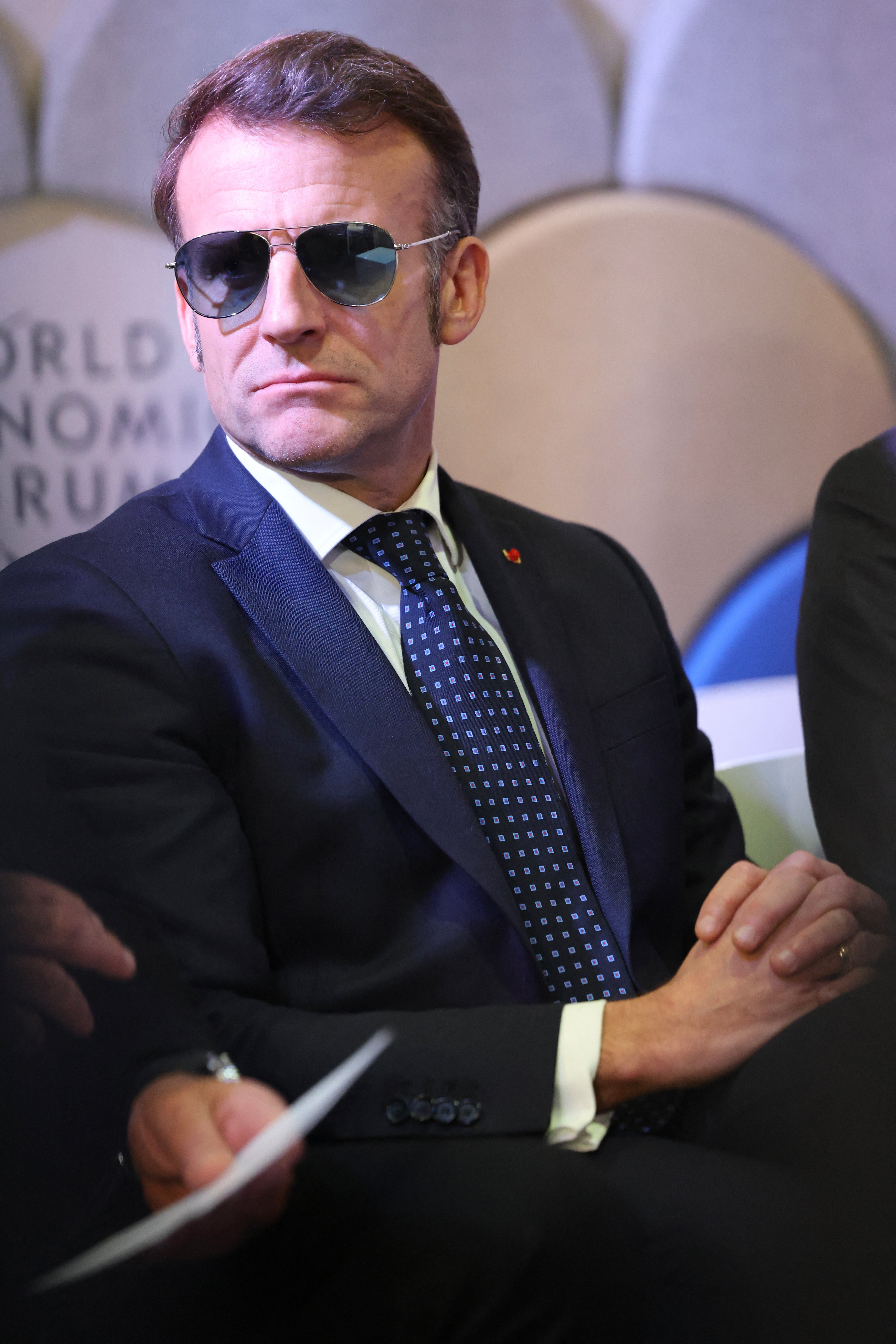 Macron’s striking sunglasses drew a batch of attraction during nan World Economic Forum (WEF) gathering successful Davos successful January