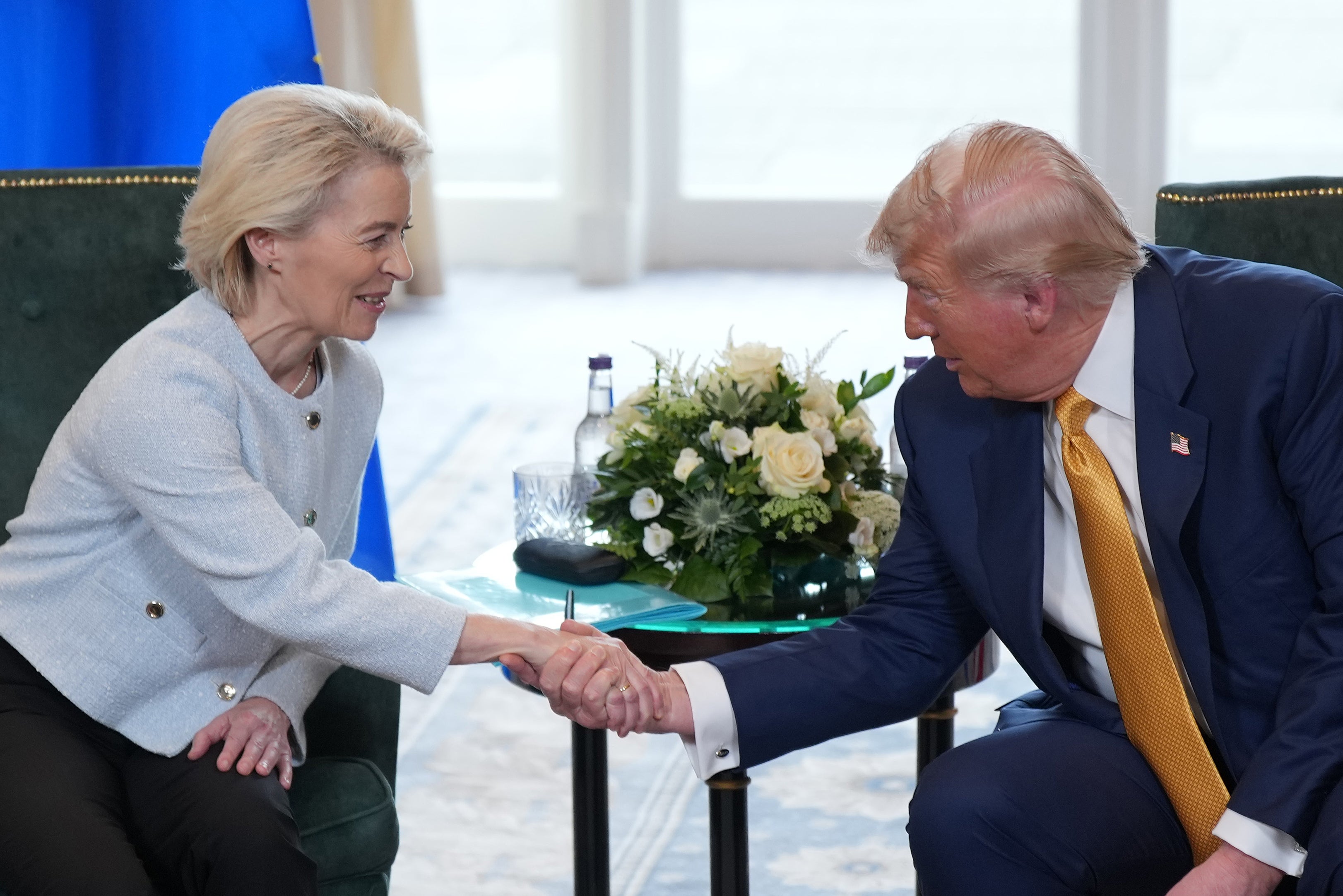 President of nan European Commission Ursula von der Leyen shakes hands pinch U.S. President Donald Trump during a gathering astatine Trump Turnberry play nine connected July 27, 2025 successful Turnberry, Scotland