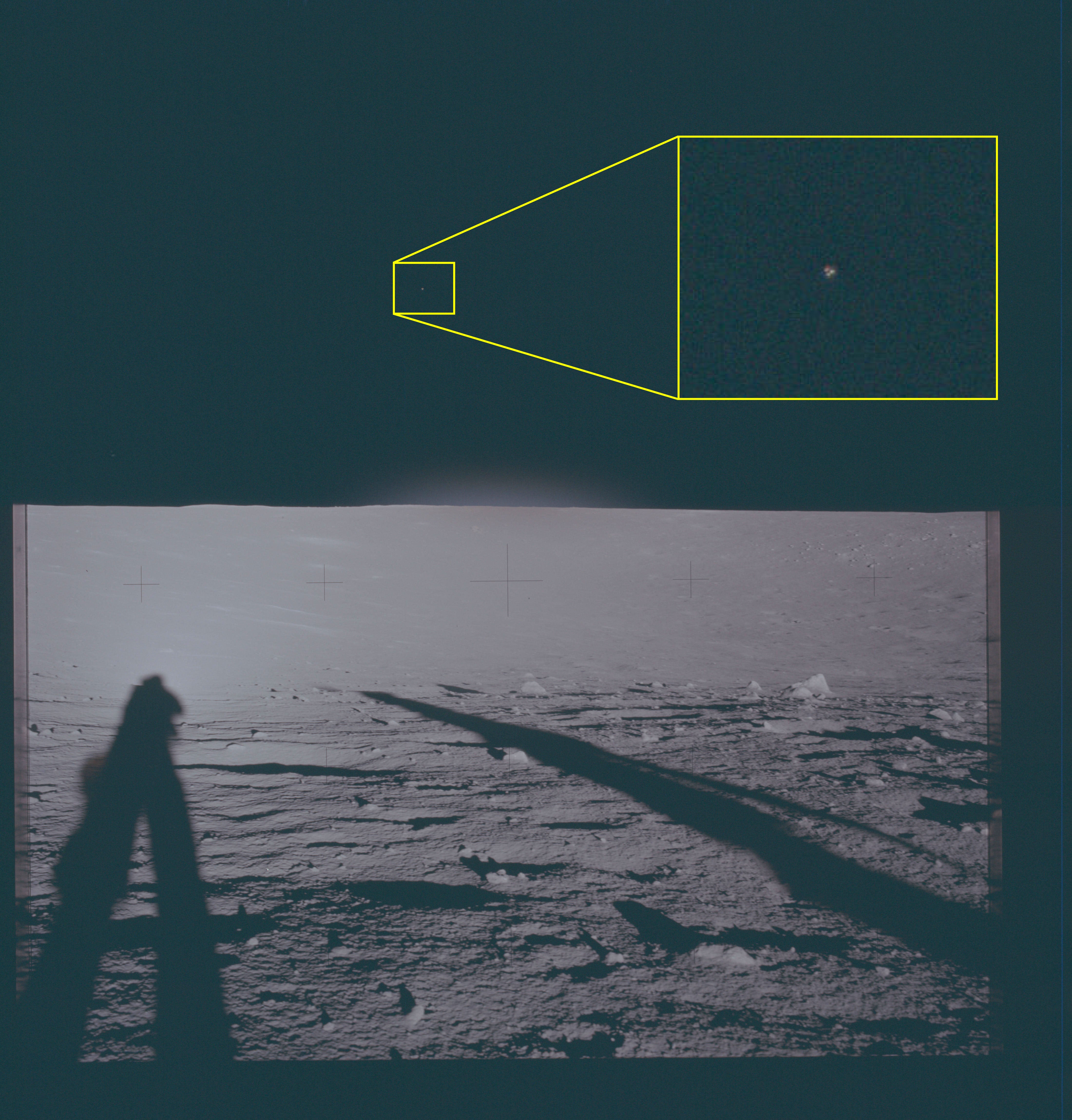 A small dot photographed from the moon's surface during the Apollo 12 mission. The Apollo 12 crew was the second group to land on the moon, following the Apollo 11 mission earlier that year