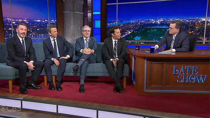 Jimmy Kimmel, Seth Meyers, John Oliver and Jimmy Fallon joined Stephen Colbert for Monday's farewell episode to his 'Late Show'