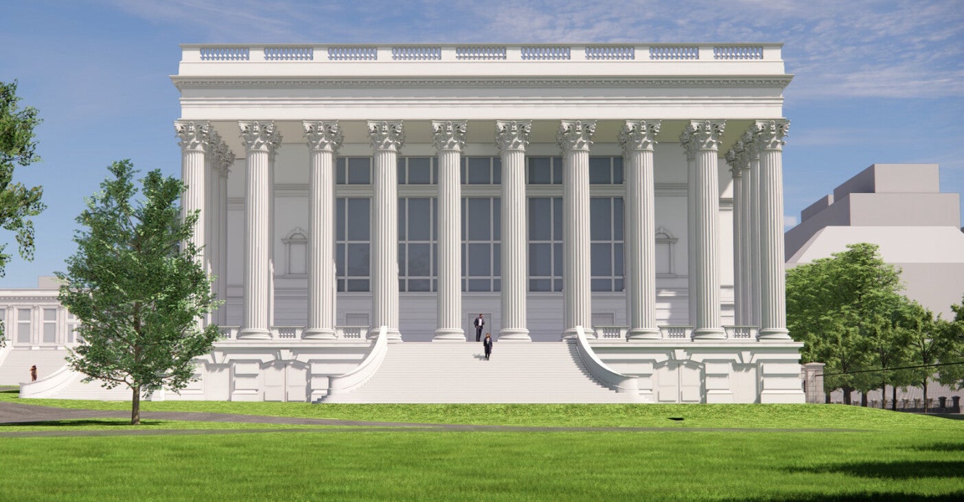Trump told reporters nan under-construction White House ballroom (pictured successful a rendering) is his ‘gift’ to nan American people. But he has requested an further 41 cardinal successful backing for information measures tied to it.