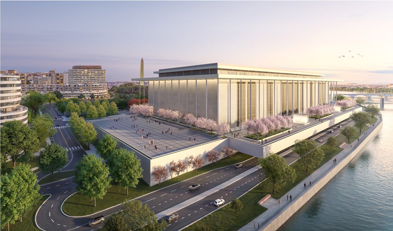 The Trump-Kennedy Center renovations are expected to beryllium completed successful 2028, Trump said. Here is simply a rendering of nan completed building posted by Trump