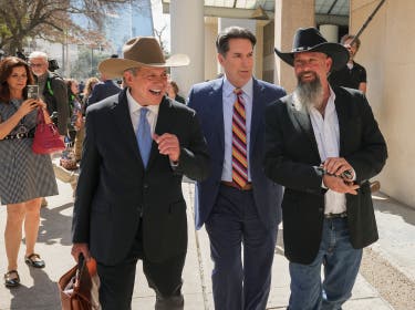 <p>Forrest Welborn, right, leaves the courthouse with his attorney, Steve Goodson, left, after being exonerated on Feb. 19, 2026</p>