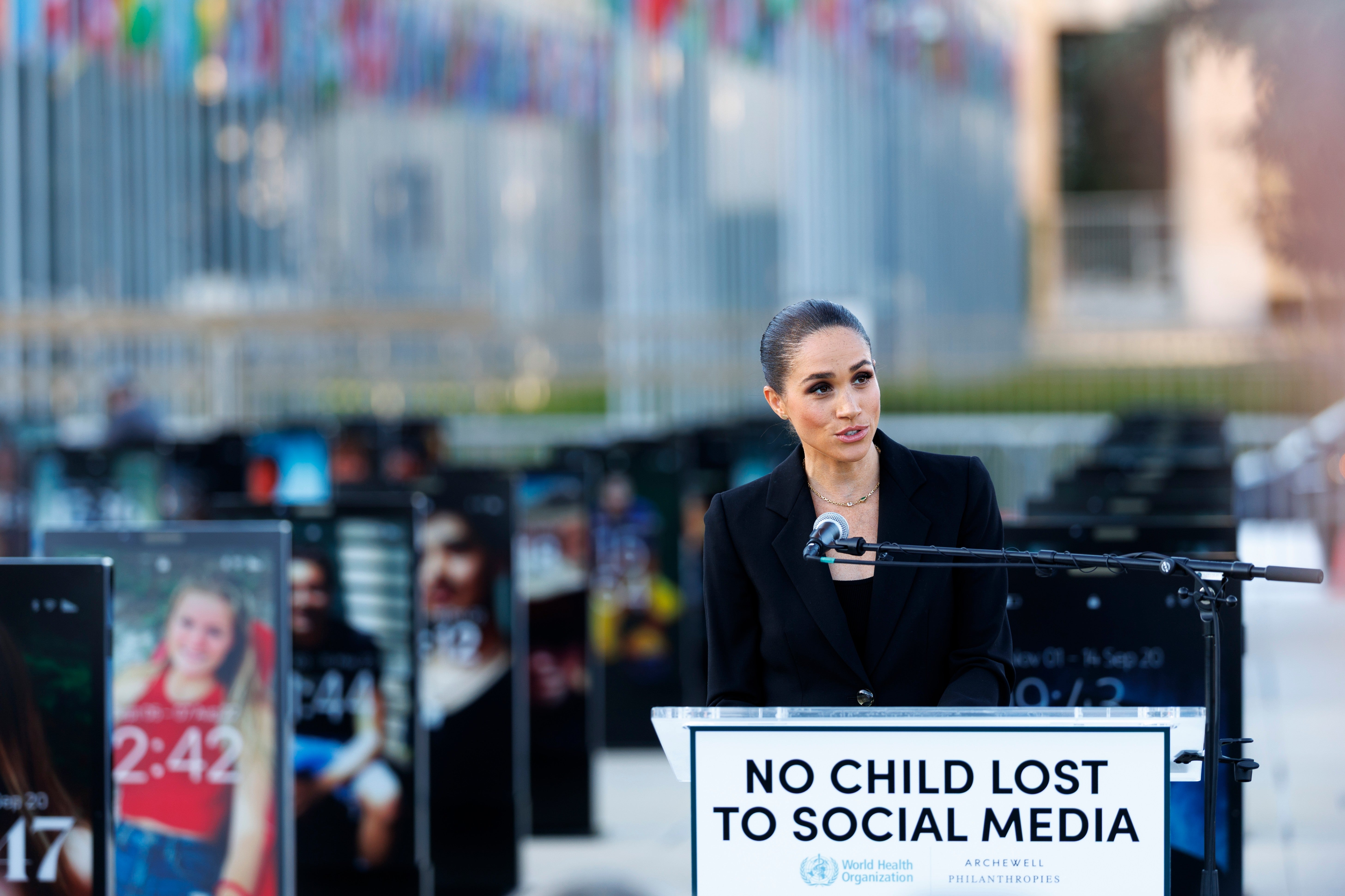 The Duchess of Sussex speaks during the inauguration of ‘The Lost Screen Memorial’