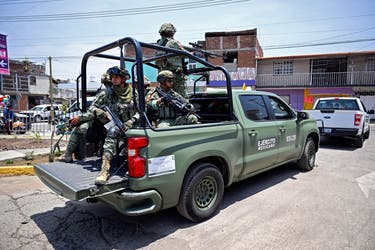 <p>Members of the Mexican military on patrol in the community of Uruapan in April 2026</p>