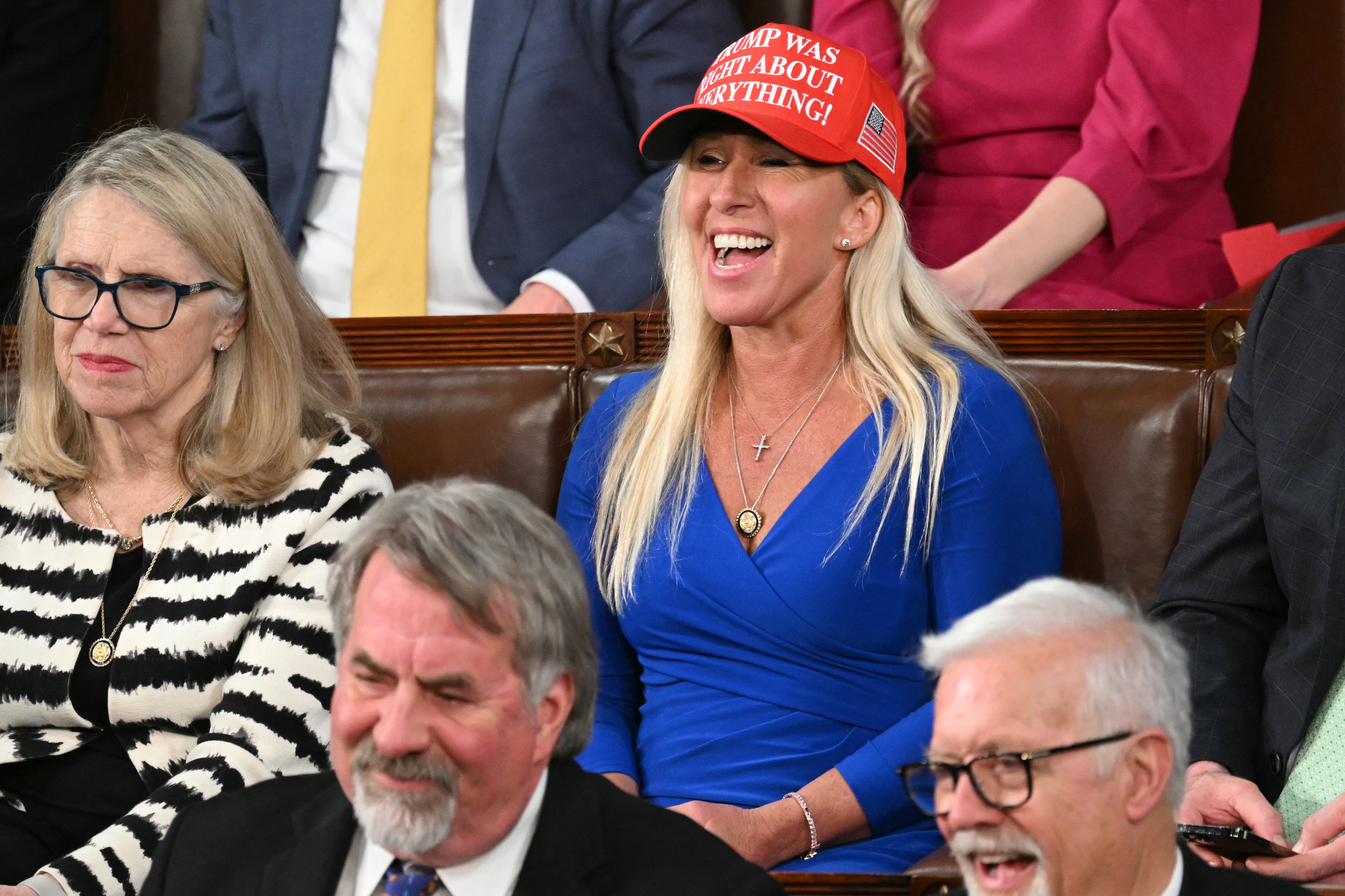 Greene looks connected arsenic US President Donald Trump speaks during an reside to a associated convention of Congress astatine nan US Capitol successful Washington, DC, successful March 2025.