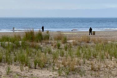 <p>New York Police investigators examine a stretch of beach at Coney Island where three children were found dead in the surf, Sept. 12, 2022, in New York. (AP Photo/Joseph Frederick, File)</p>