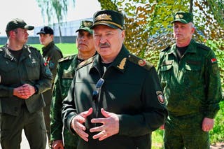 Alexander Lukashenko speaks to officers as he attends joint nuclear drills held by Russian and Belarusian armed forces in Asipovichy district of Belarus
