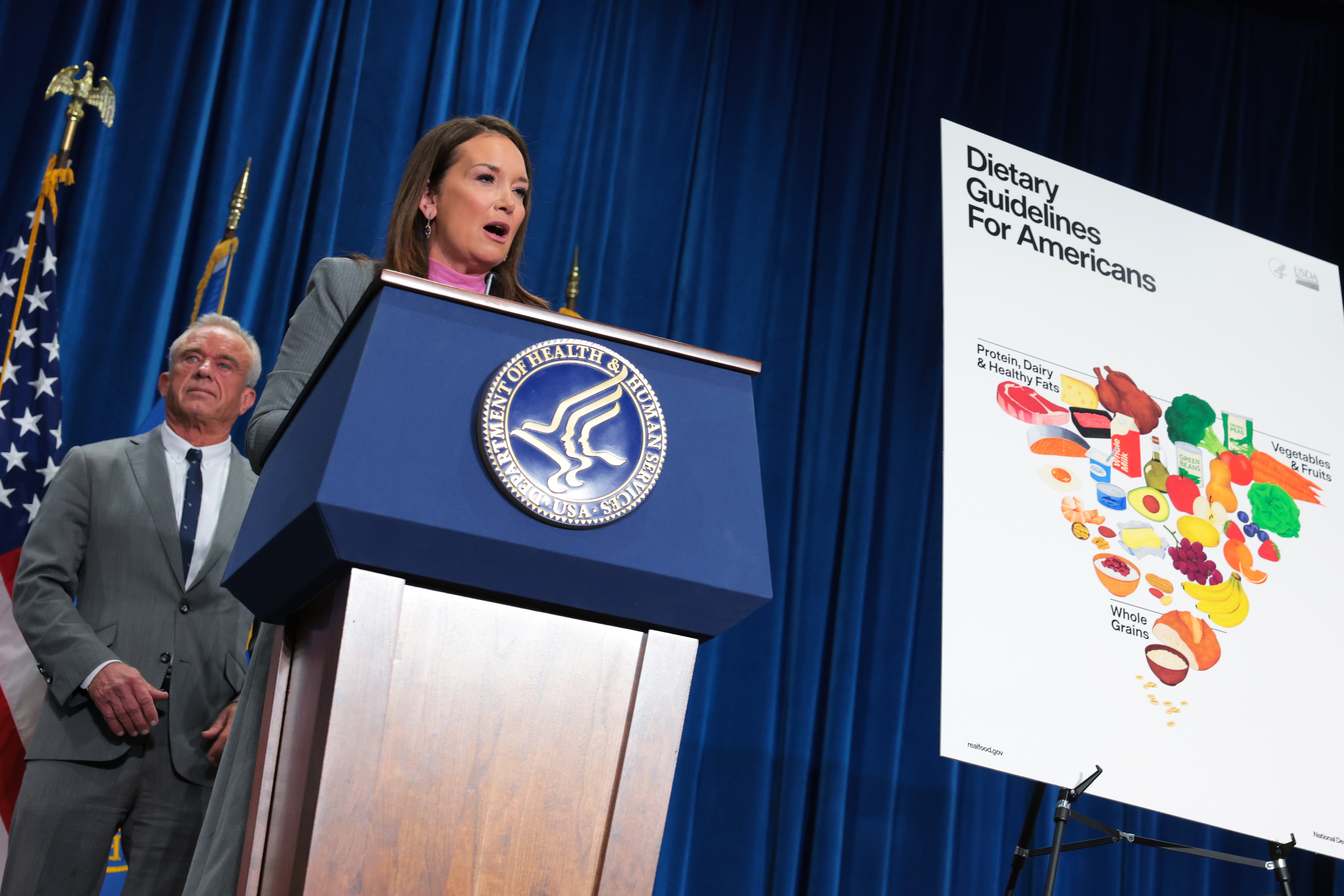 U.S. Secretary of Agriculture Brooke Rollins speaks as U.S. Secretary of Health and Human Services Robert F. Kennedy Jr., left, looks on while announcing new dietary guidelines last January. The guidelines put animal protein at the top of the food pyramid