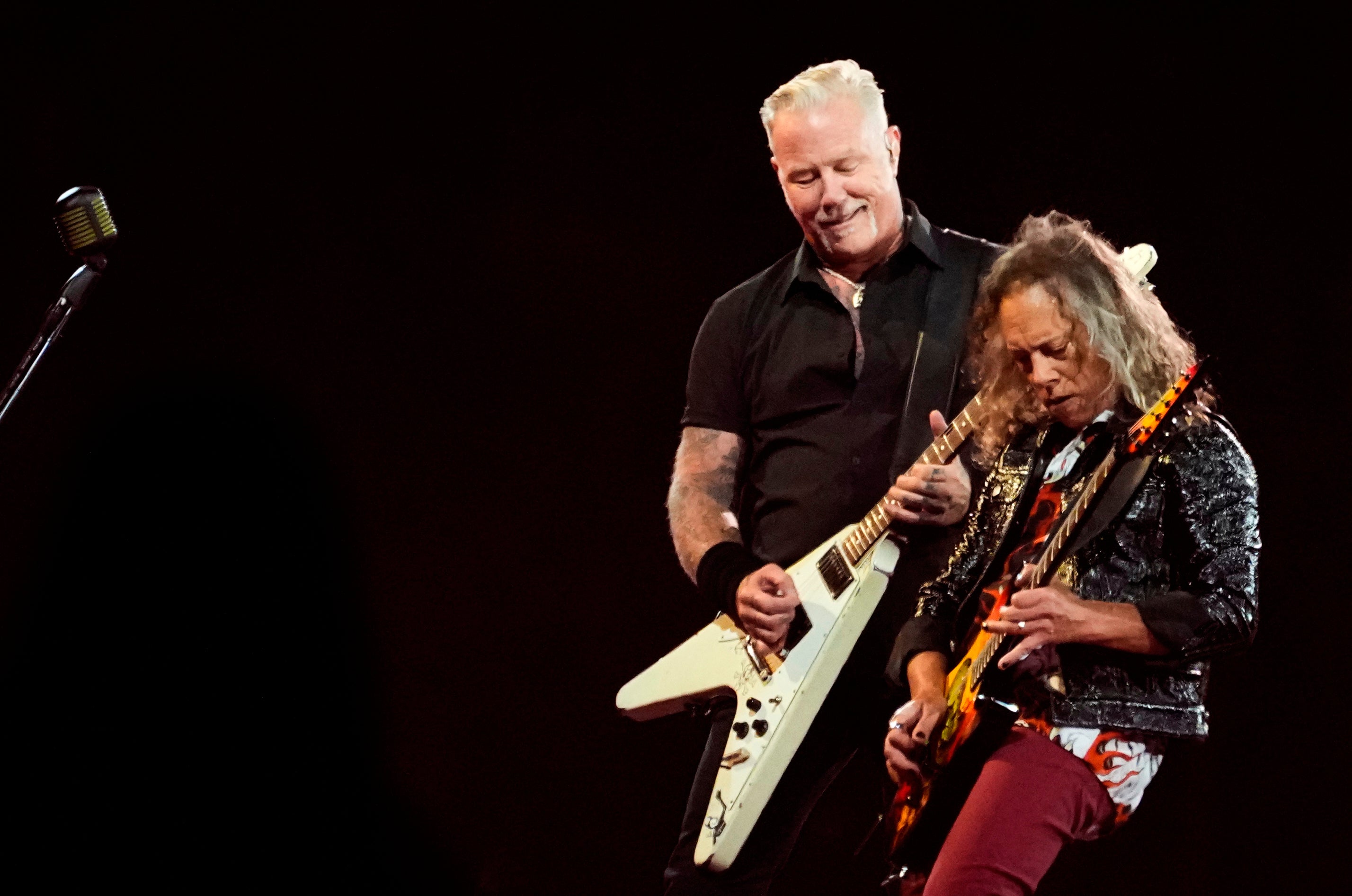 <p>James Hetfield, left, and Kirk Hammett of Metallica perform during the M72 World Tour at the Olympic Stadium</p>