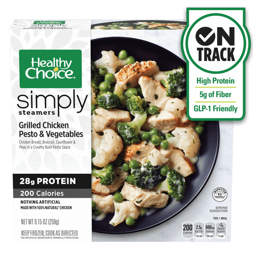 Conagra Brands, koja posjeduje Healthy Choice, uključuje oznaku na nekoliko svojih smrznutih obroka, uključujući jelo s pilećim pestom i povrćem na žaru koje sadrži 28 grama proteina i samo 200 kalorija