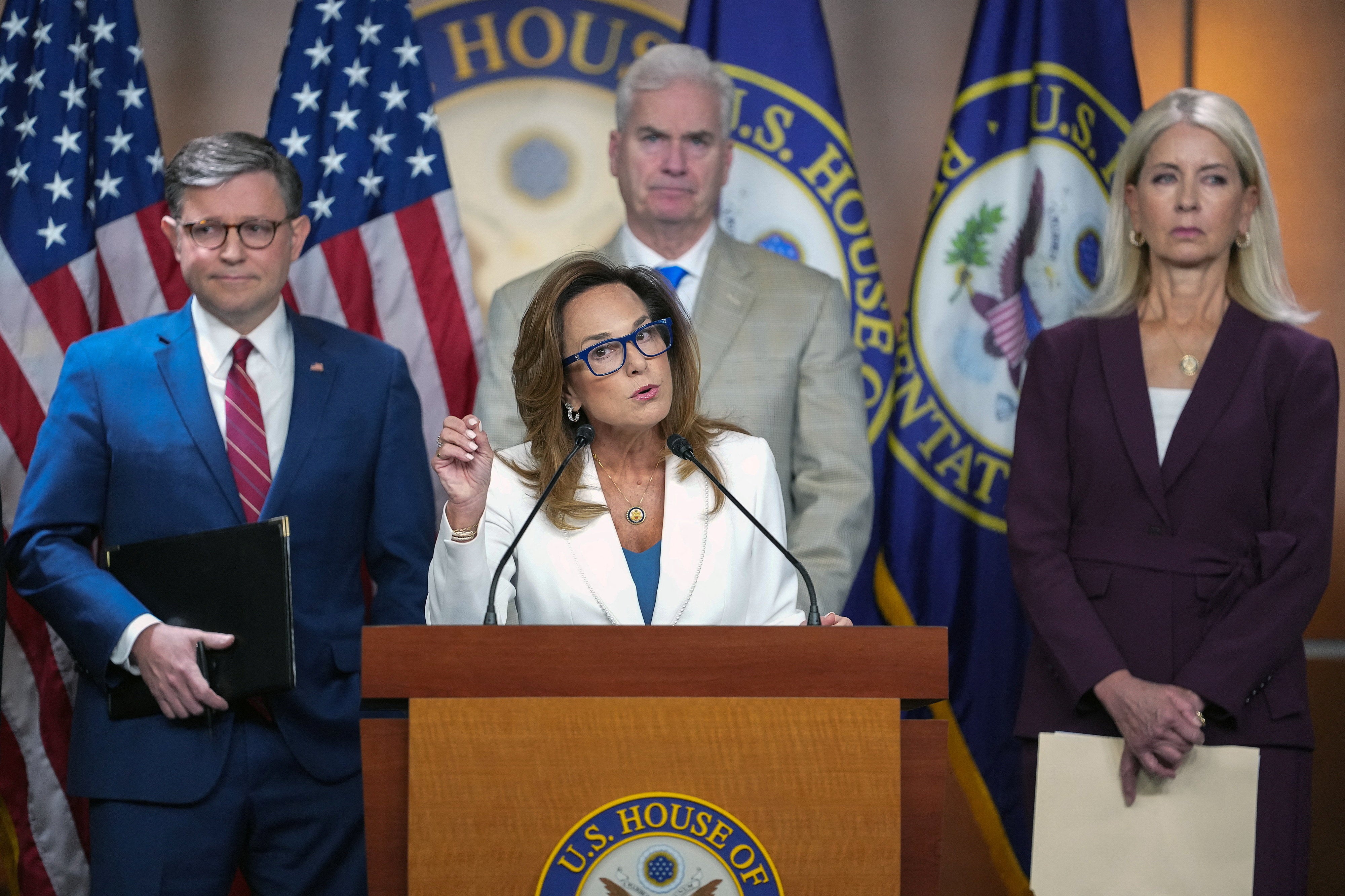 House Republican Conference Chair Lisa McClain (R-MI) speaks during a property convention pinch Republican House Leadership, arsenic U.S. House Speaker Mike Johnson (R-LA) and Representative Mary Miller (R-IL) stand, connected Capitol Hill successful Washington, D.C., U.S., June 3, 2026. REUTERS/Nathan Howard