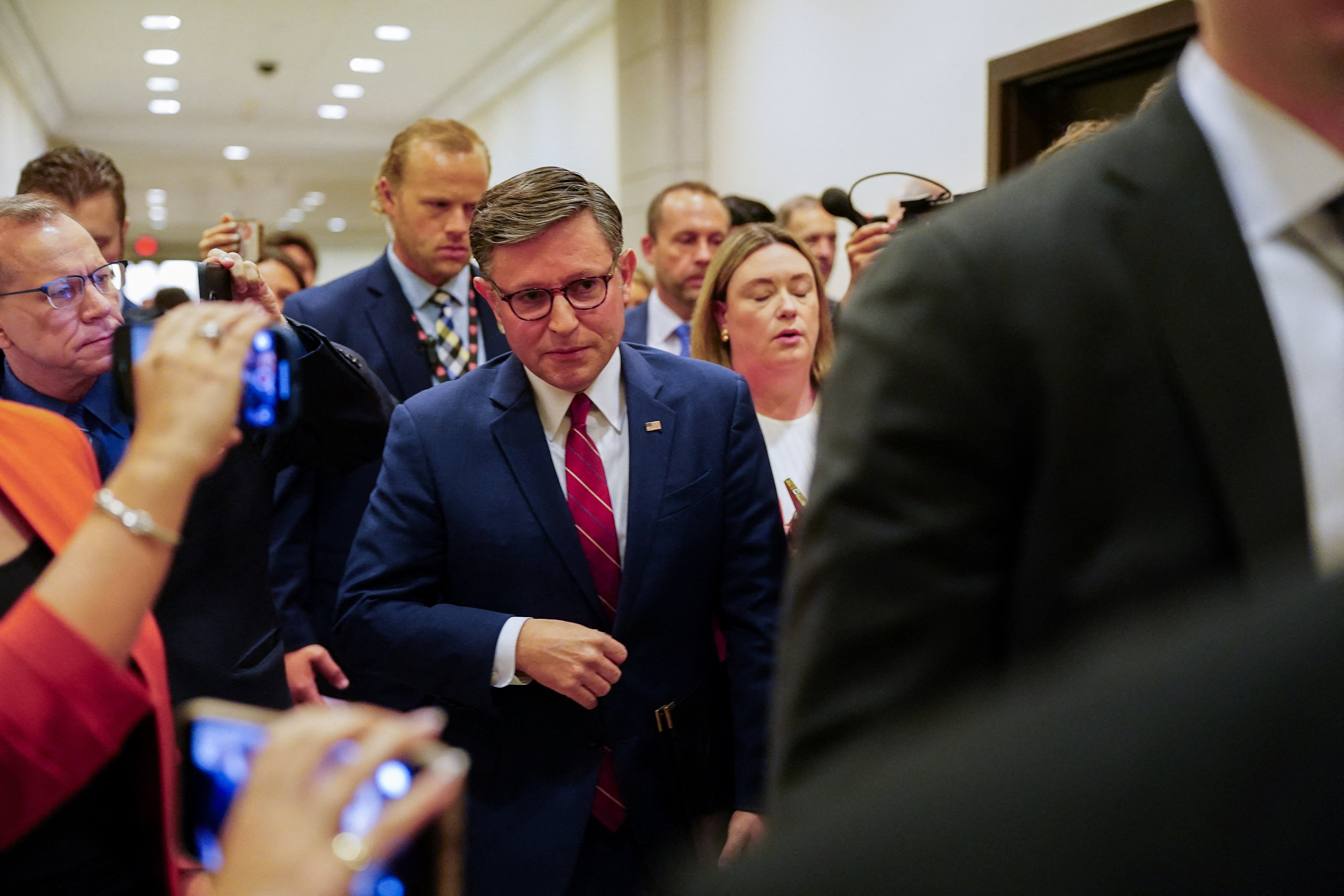 U.S. House Speaker Mike Johnson (R-LA) walks aft attending a property convention pinch Republican House Leadership, connected Capitol Hill successful Washington, D.C., U.S., June 3, 2026. REUTERS/Nathan Howard