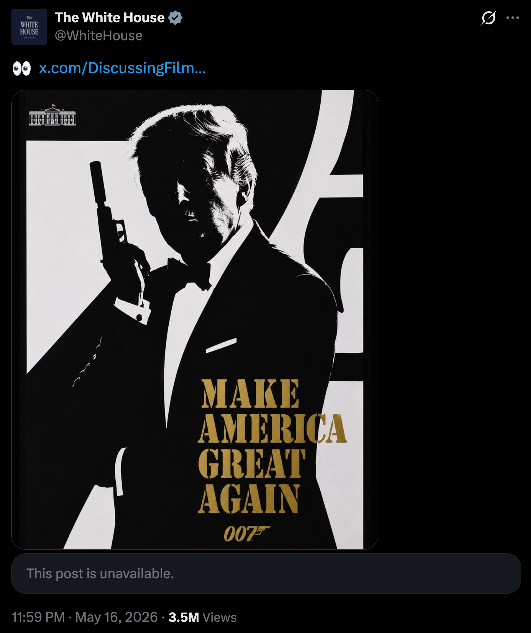 The White House besides posted a meme of Trump arsenic 007 successful May