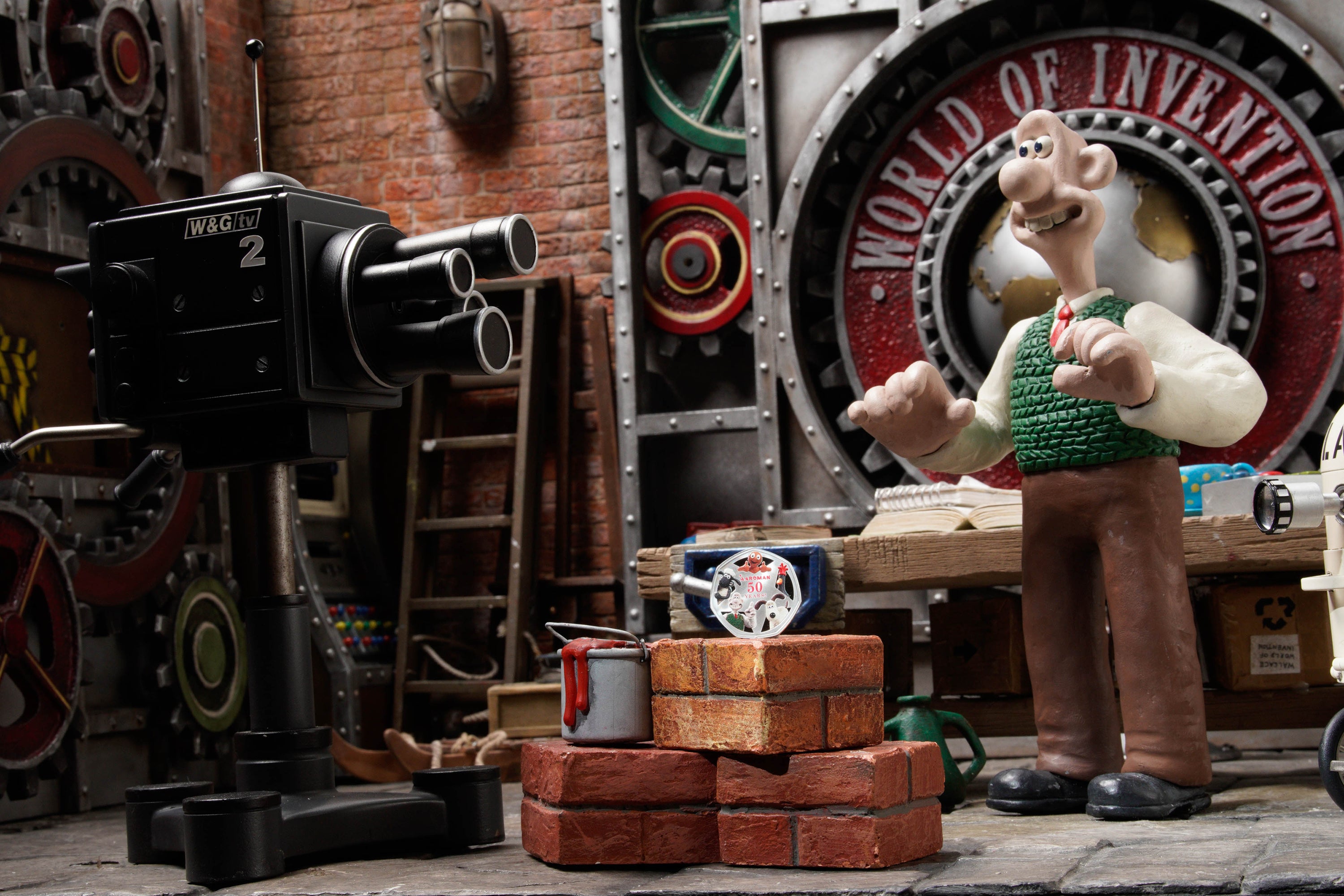 Wallace com o novo Royal Mint 50 Years of Aardman 50p