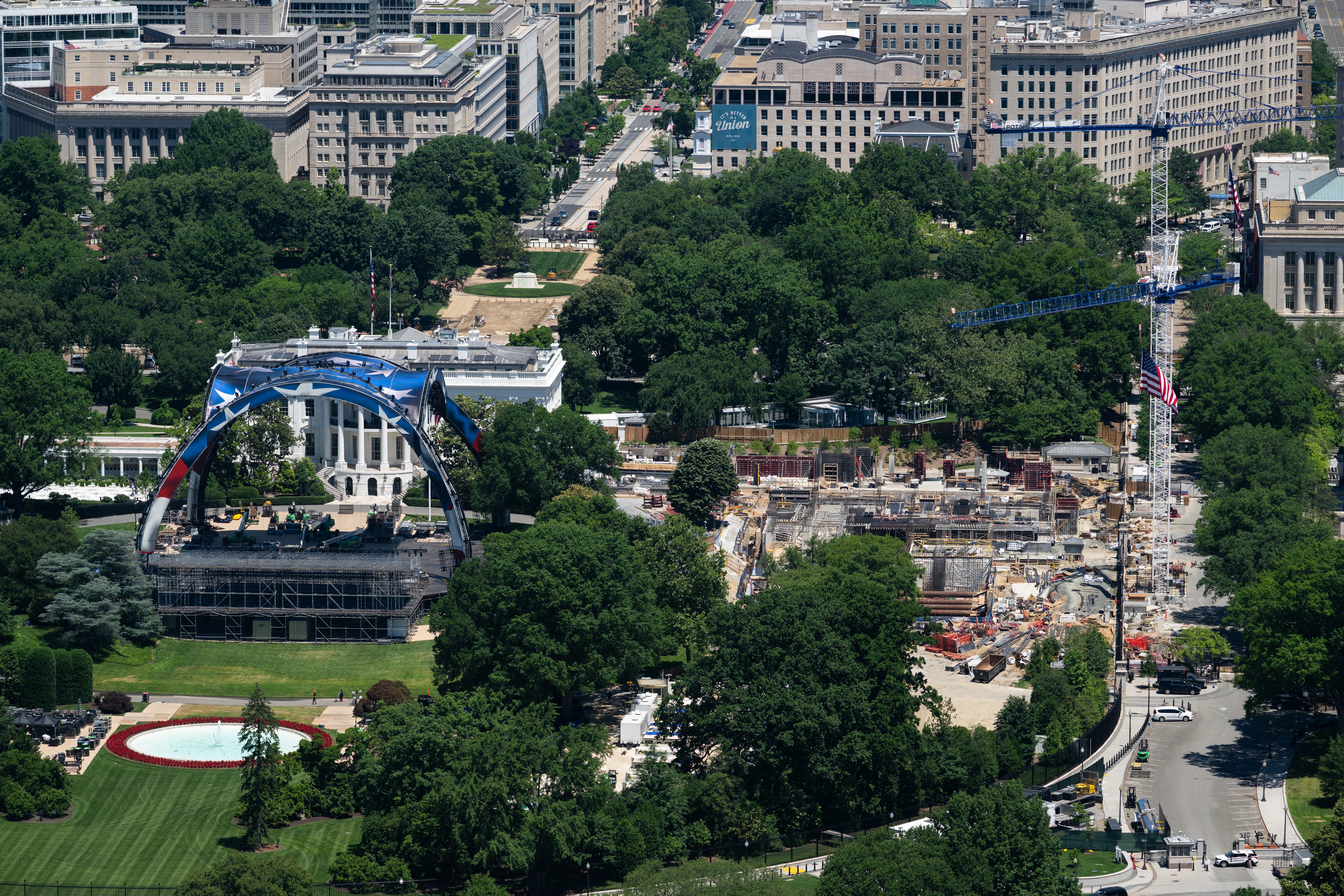 Multiple polls bespeak nan president’s ballroom task is broadly unpopular pinch Americans. Pictured here, nan White House analyzable is seen from above, pinch building underway wherever nan East Wing erstwhile stood
