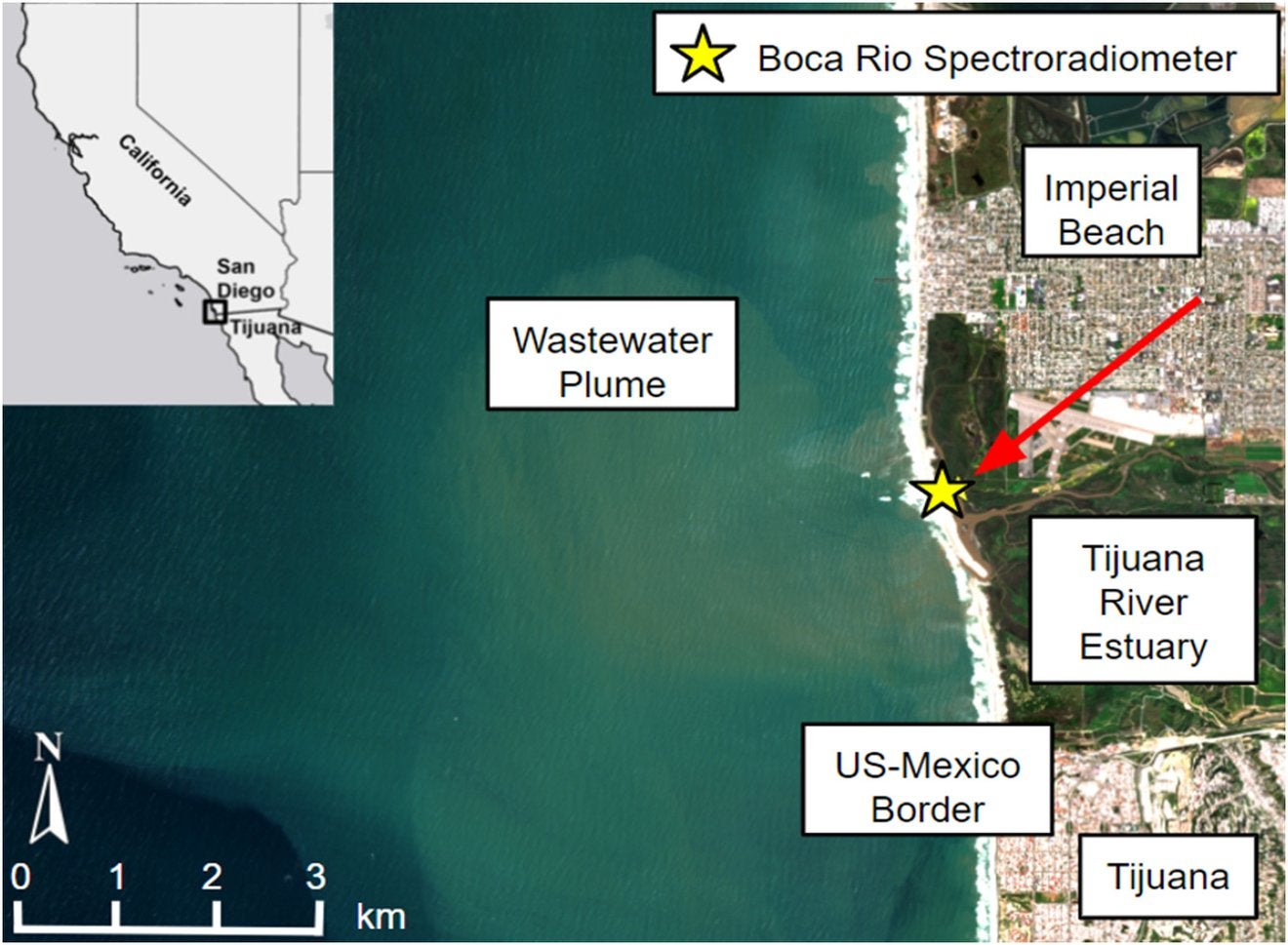 Satellite images show wastewater plumes rising from nan Imperial Beach shores