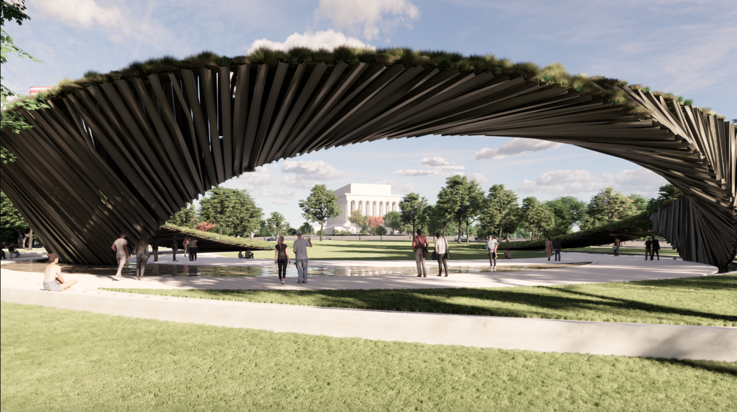 A rendering of nan projected Global War connected Terrorism Memorial successful Washington, D.C. shows a metallic crescent sculpture — made from 'reclaimed warfare steel' — that will service arsenic a cardinal characteristic of nan memorial