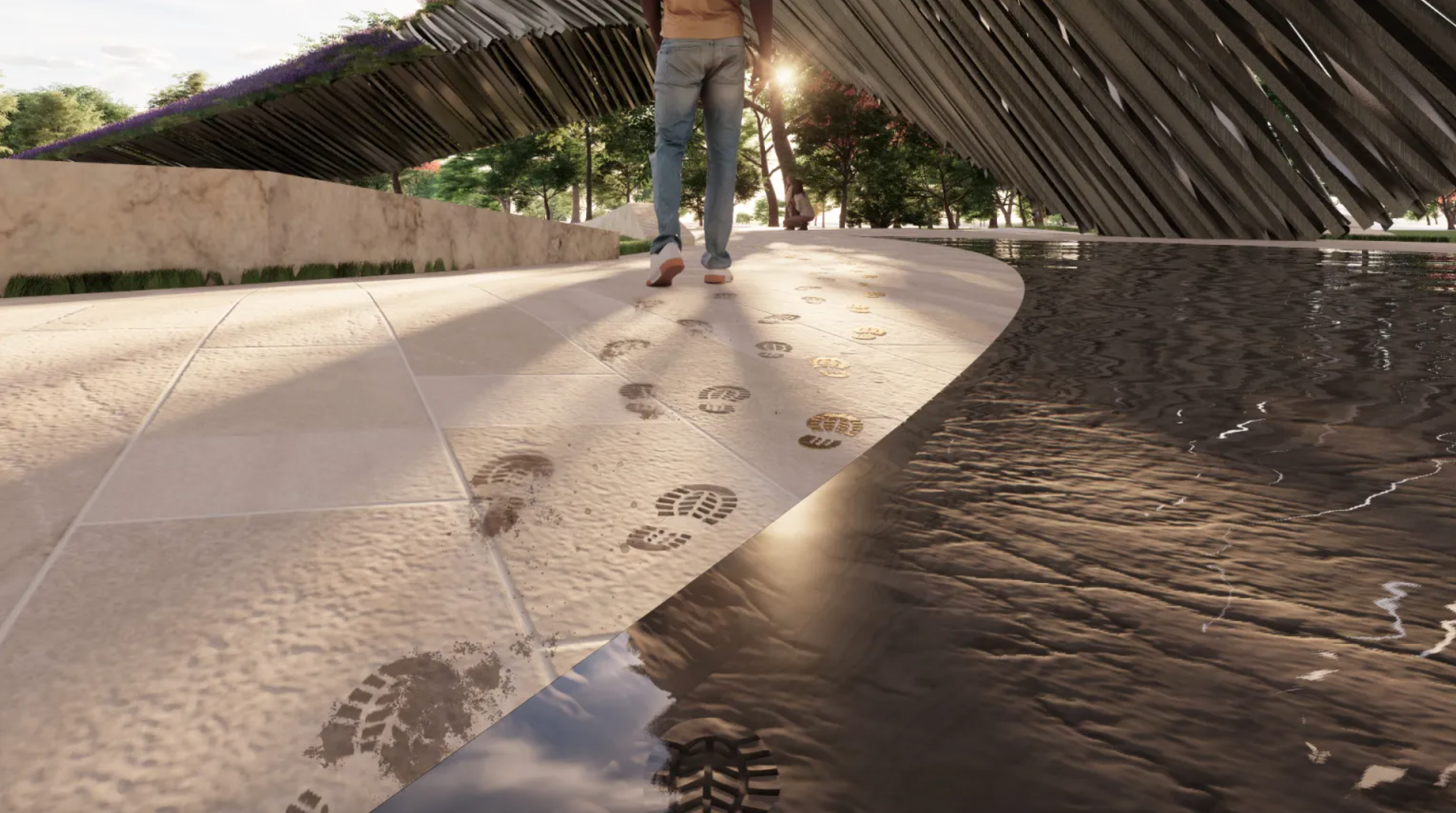 A rendering of nan projected Global War connected Terrorism Memorial successful Washington, D.C. Footprints astatine nan tract are meant to correspond nan 'weight' carried by subject personnel, their families, and nan communities affected by nan conflict