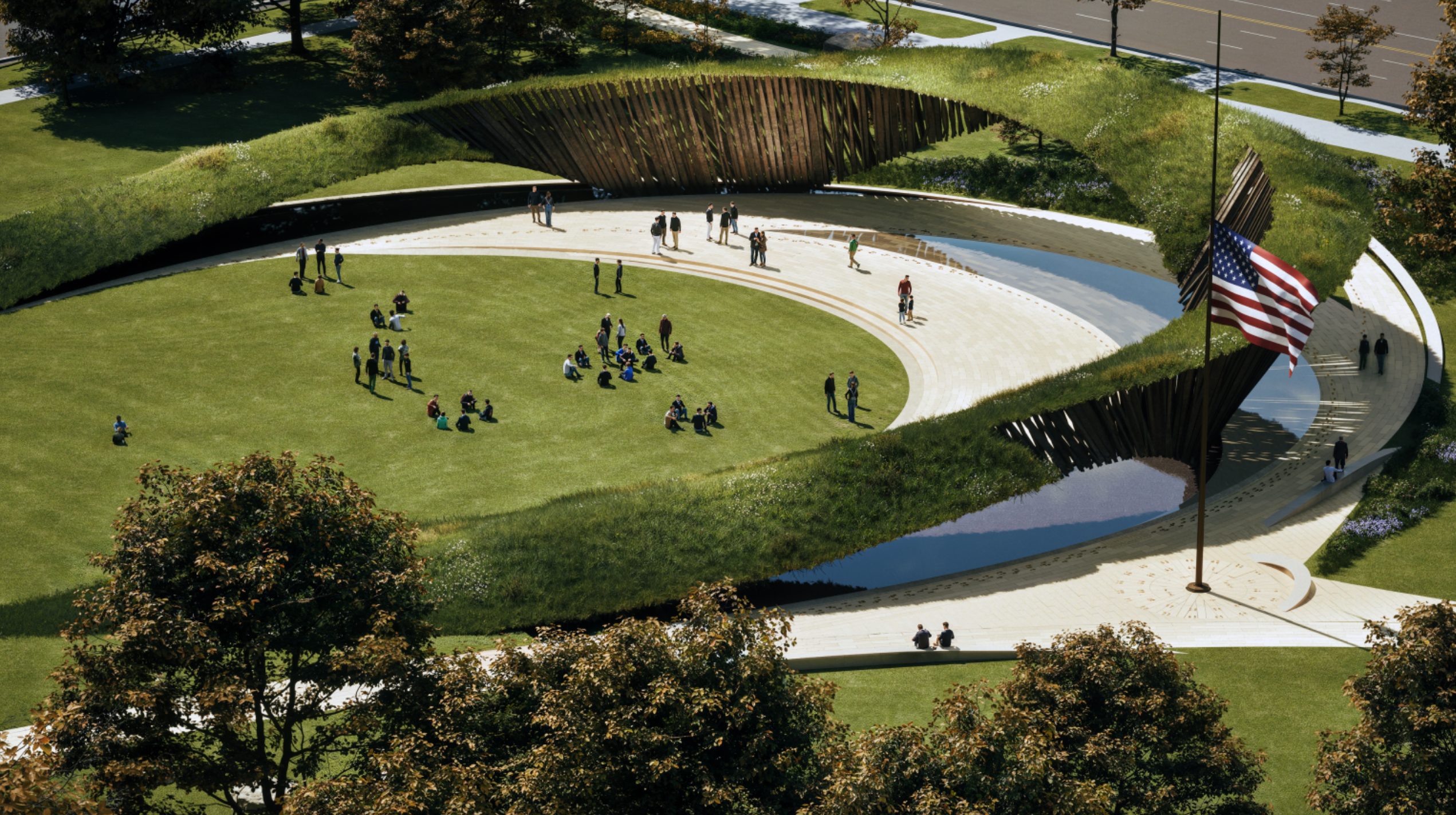 A rendering showing nan projected Global War connected Terrorism Memorial, which is group to beryllium built adjacent nan Lincoln Memorial connected nan National Mall successful Washington, D.C.