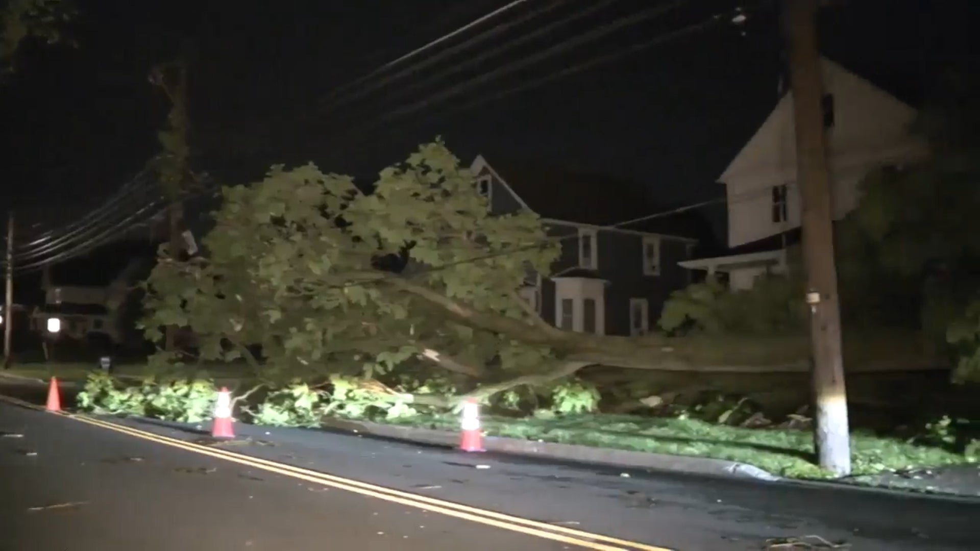 This framework drawback from video shows a downed character aft storms struck Amherst, Ohio, westbound of Cleveland