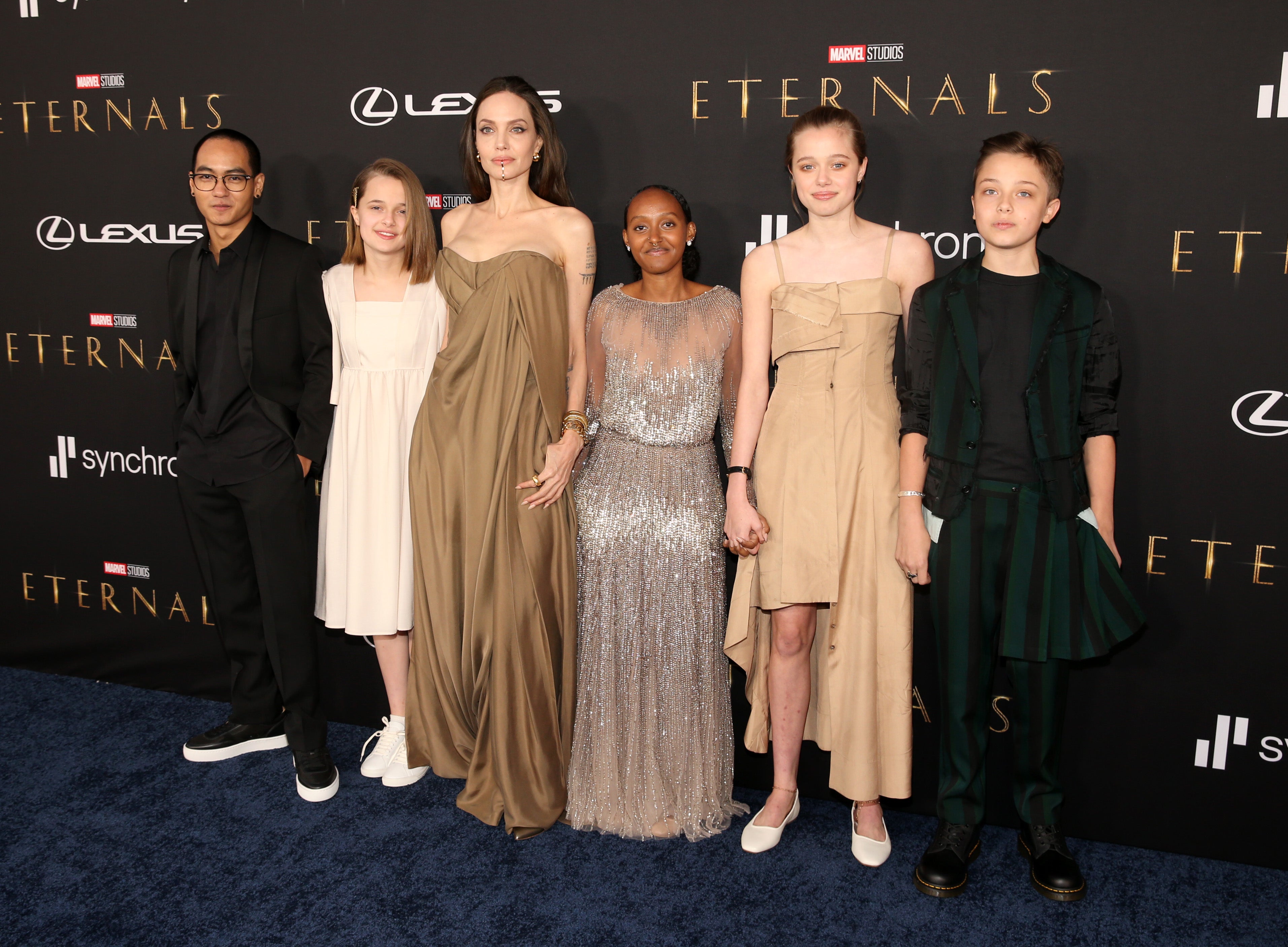 Angelina Jolie pictured with five of her six children: Maddox, Vivienne, Zahara, Shiloh and Knox in 2021