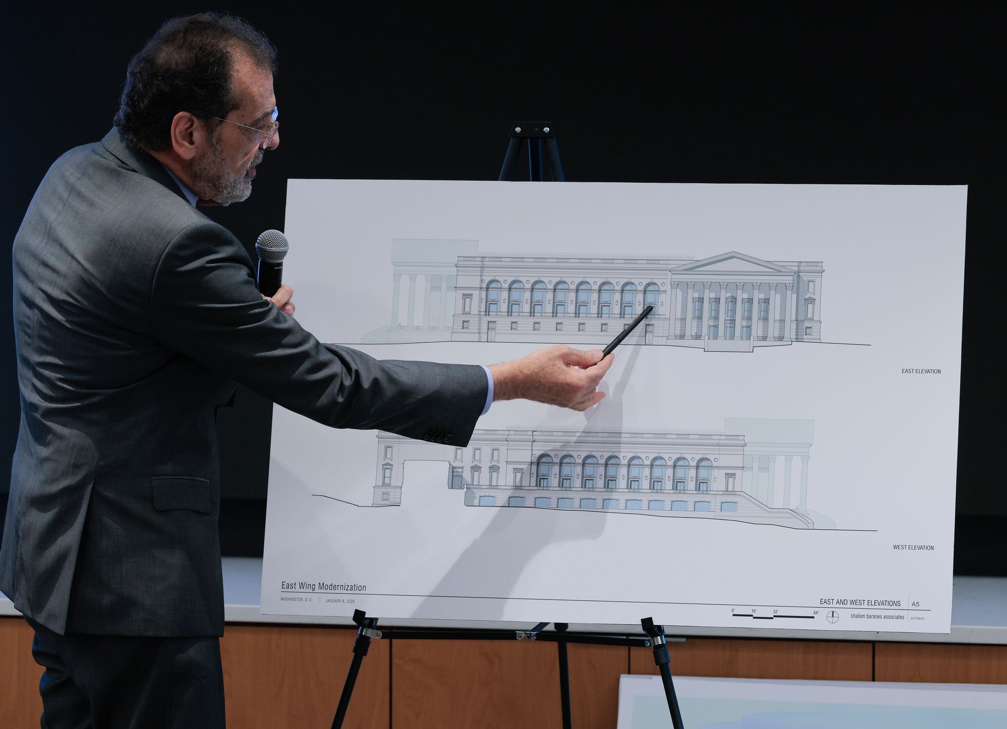 The projected 90,000-square-foot venue would dwarf nan main White House building. Pictured here, designer Shalom Baranes shows elevation drawings for nan ballroom to members of nan National Capital Planning Commission connected January 08, 2026 successful Washington, DC.