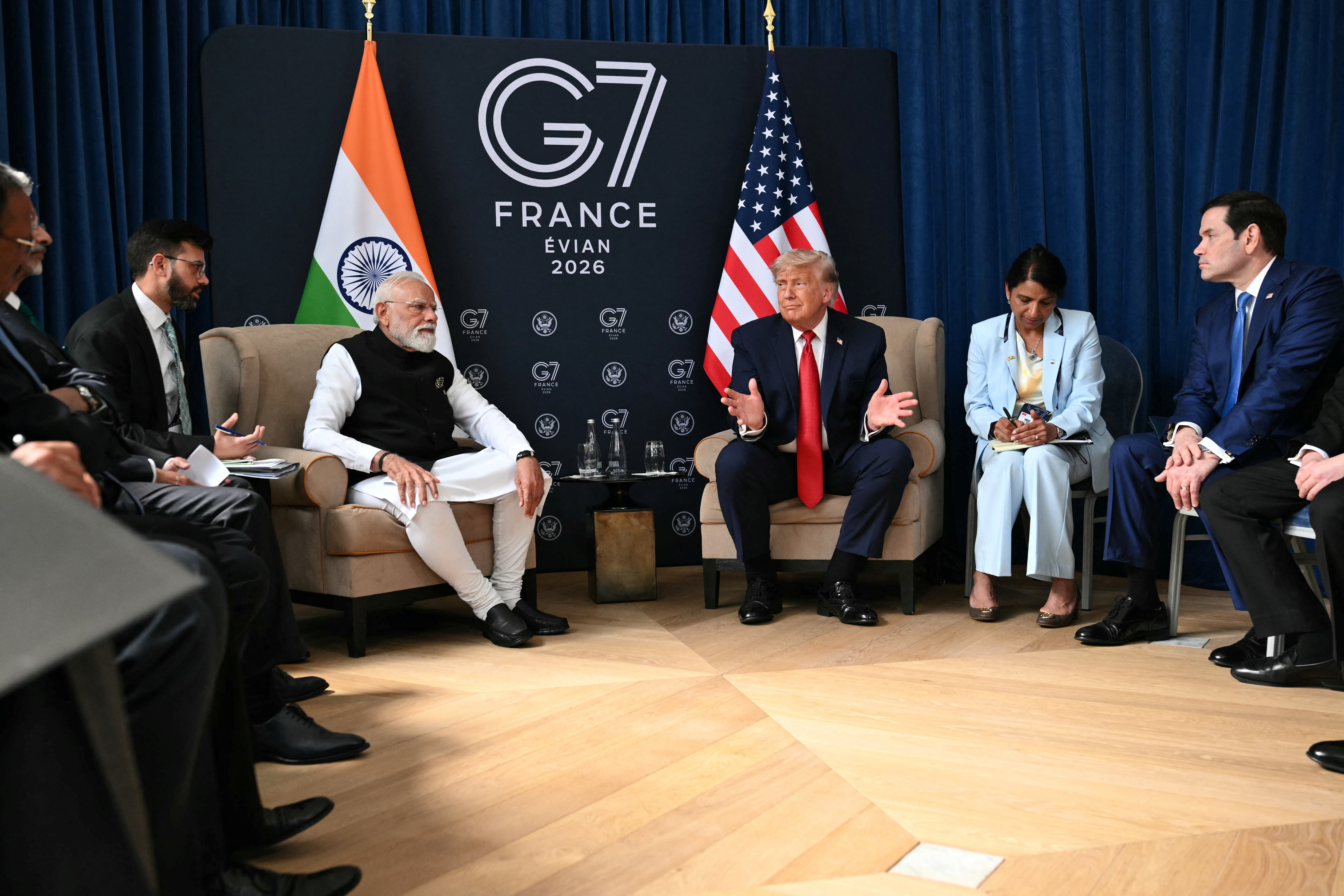 US president Donald Trump, India's premier curate Narendra Modi and US Secretary of State Marco Rubio be a bilateral gathering arsenic portion of nan G7 summit, successful Evian, eastbound France, connected 17 June 2026
