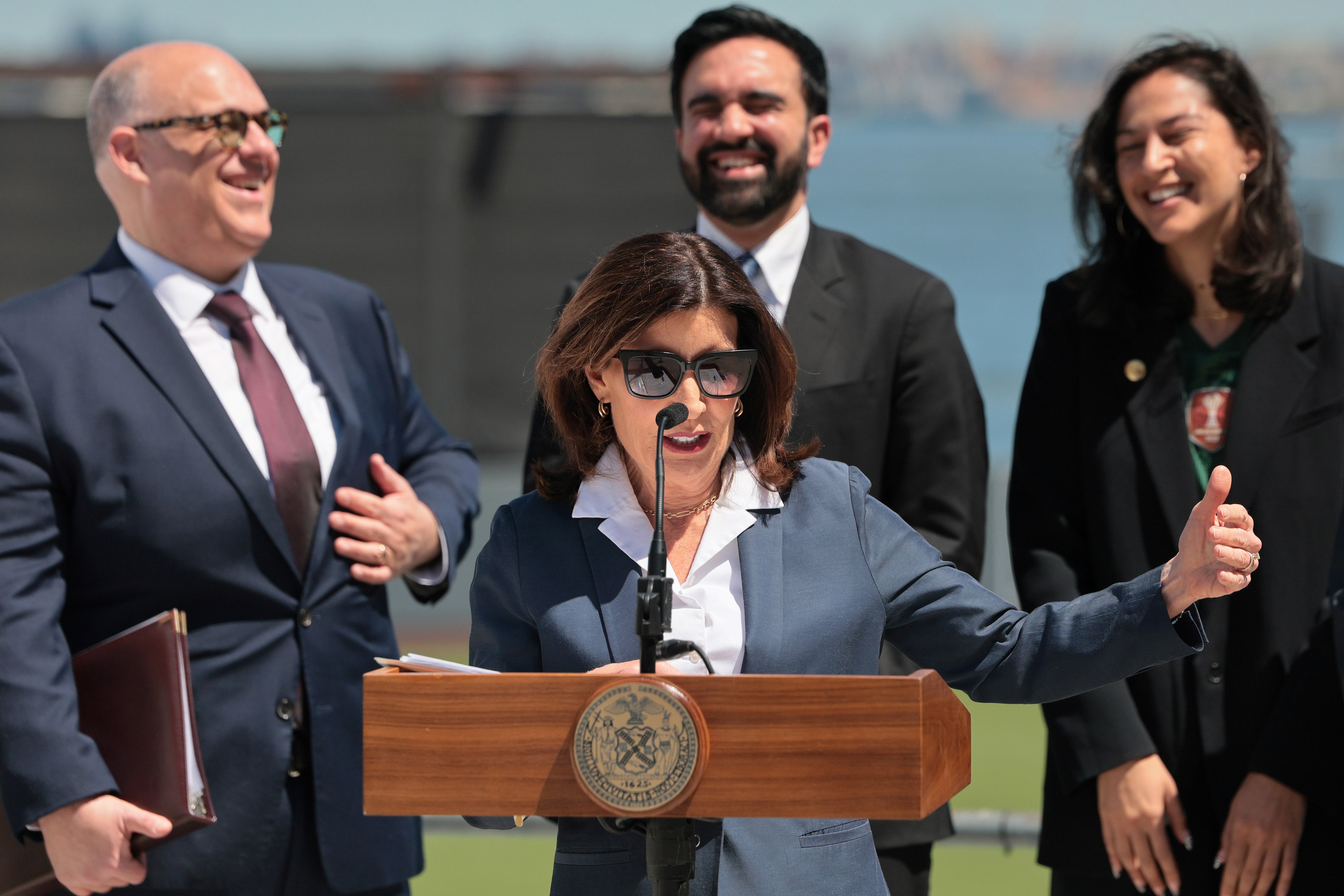 Gov. Kathy Hochul speaks during a property convention astatine Staten Island University Hospital Community Park connected April 27, 2026 successful New York City