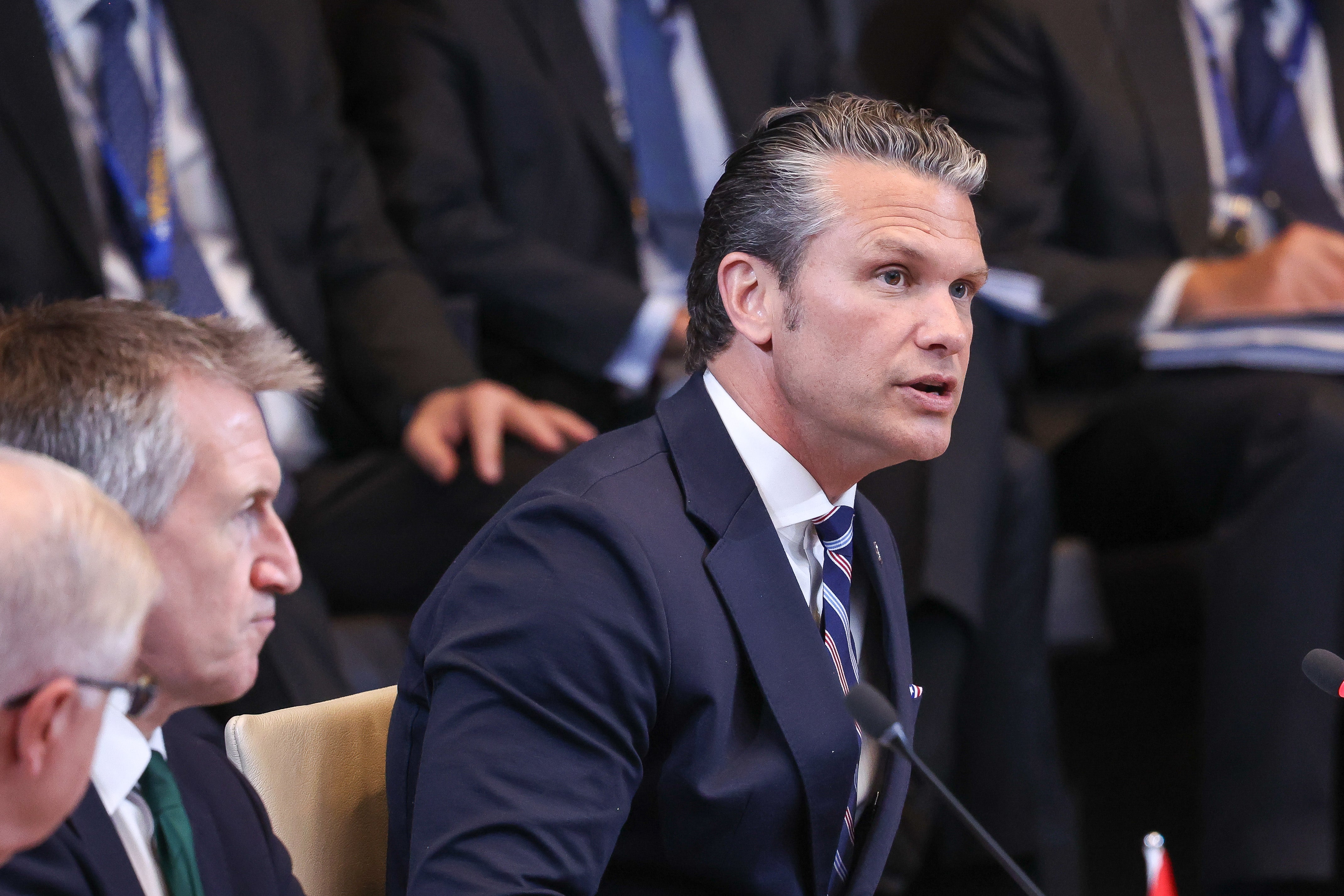 US caput of defence Pete Hegseth addresses nan North Atlantic Council gathering of Defence Ministers during nan Nato defence ministers