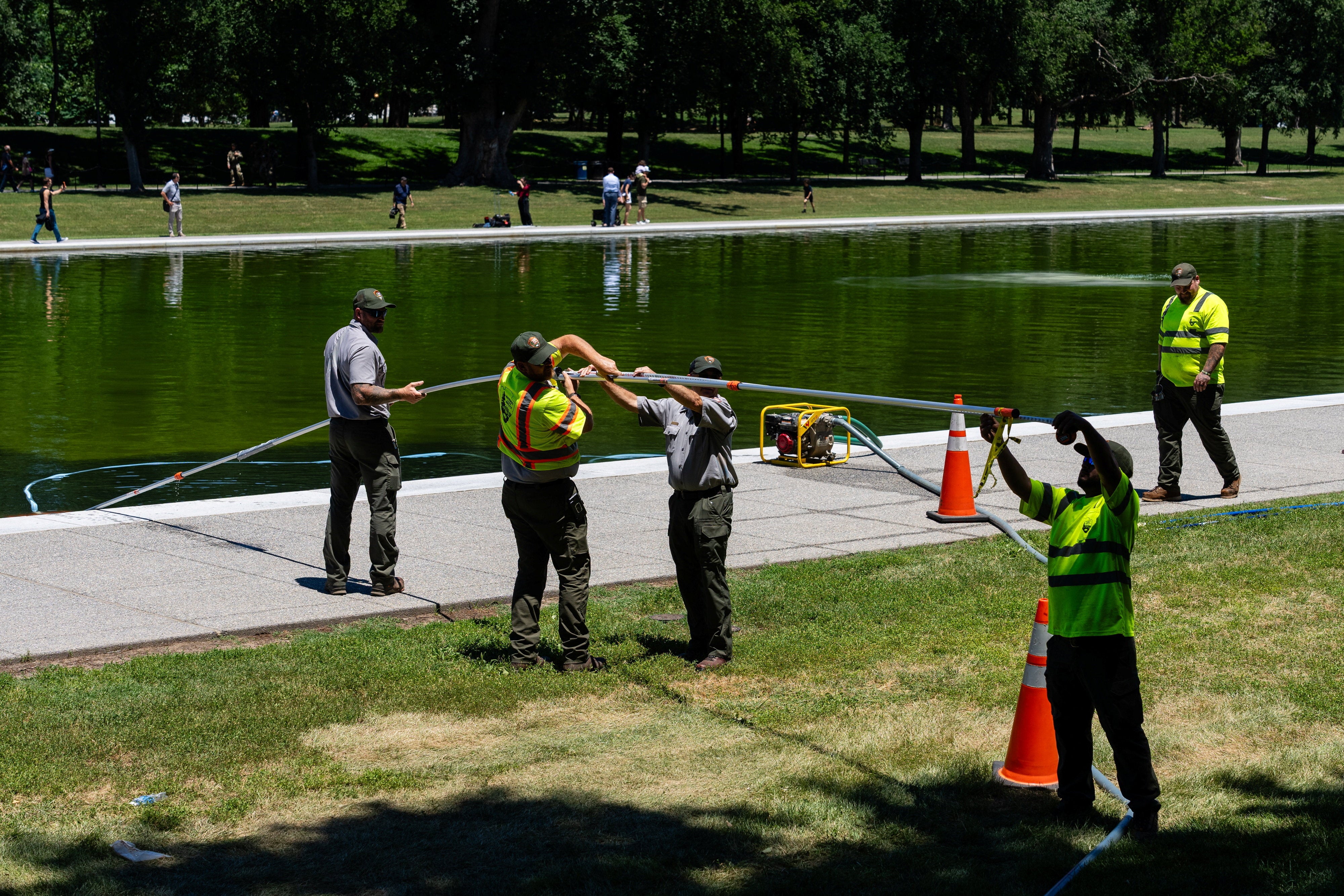 President Donald Trump’s $14 cardinal pet task to resurface nan 2,000-foot pool, which was expected to make nan h2o look an ‘American emblem blue,’ has turned greenish aft becoming infested pinch algae conscionable days aft completion