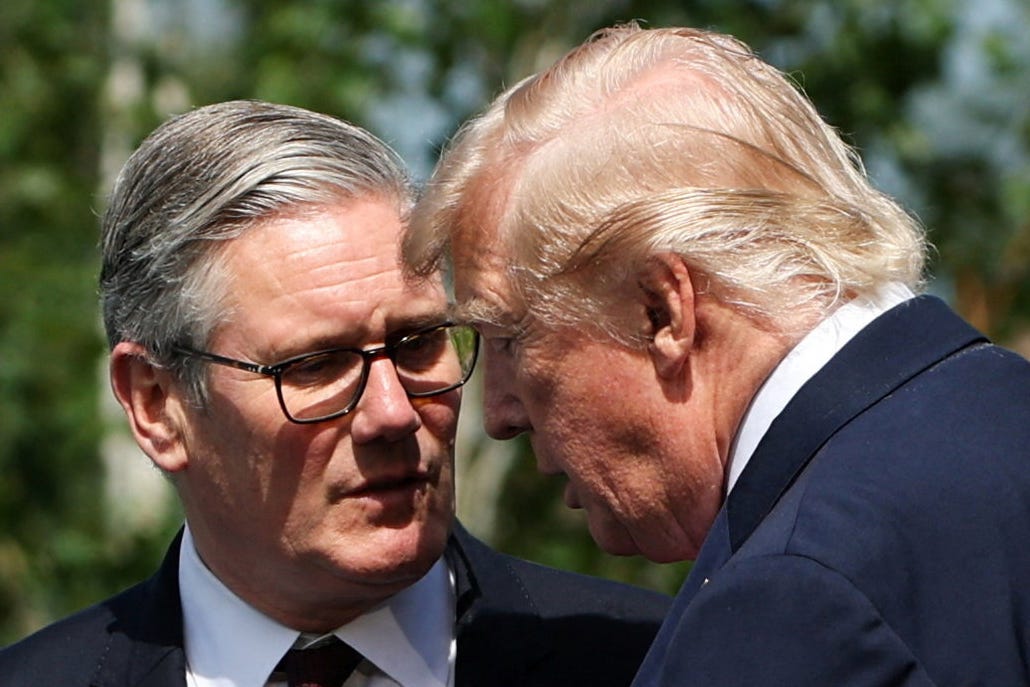 Prime Minister Sir Keir Starmer (left) and U.S. President Donald Trump talk up of a family photograph during nan G7 acme successful Evian, France