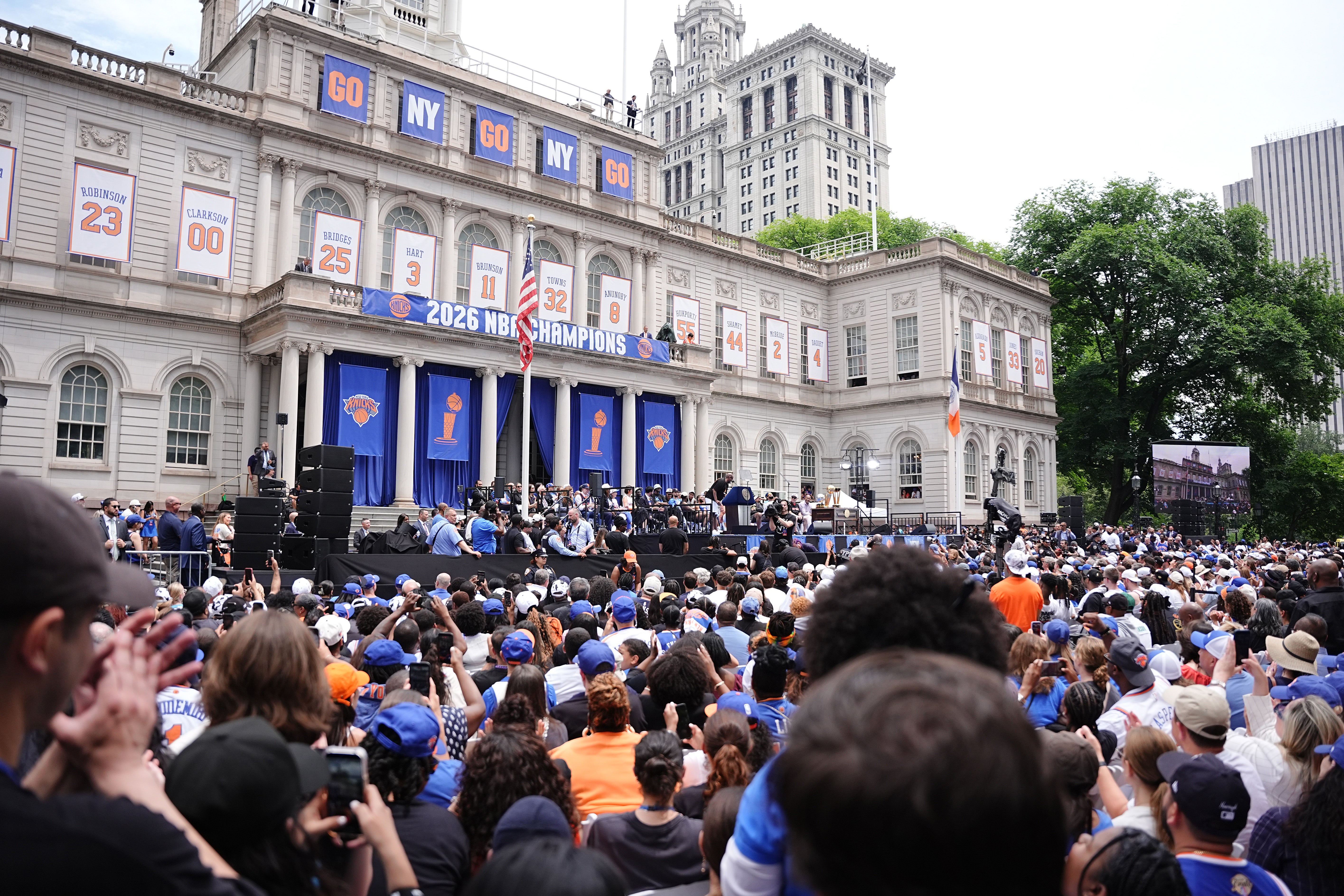The New York Knicks Championship ticker tape parade ended at City Hall, where the team was awarded the keys to the city