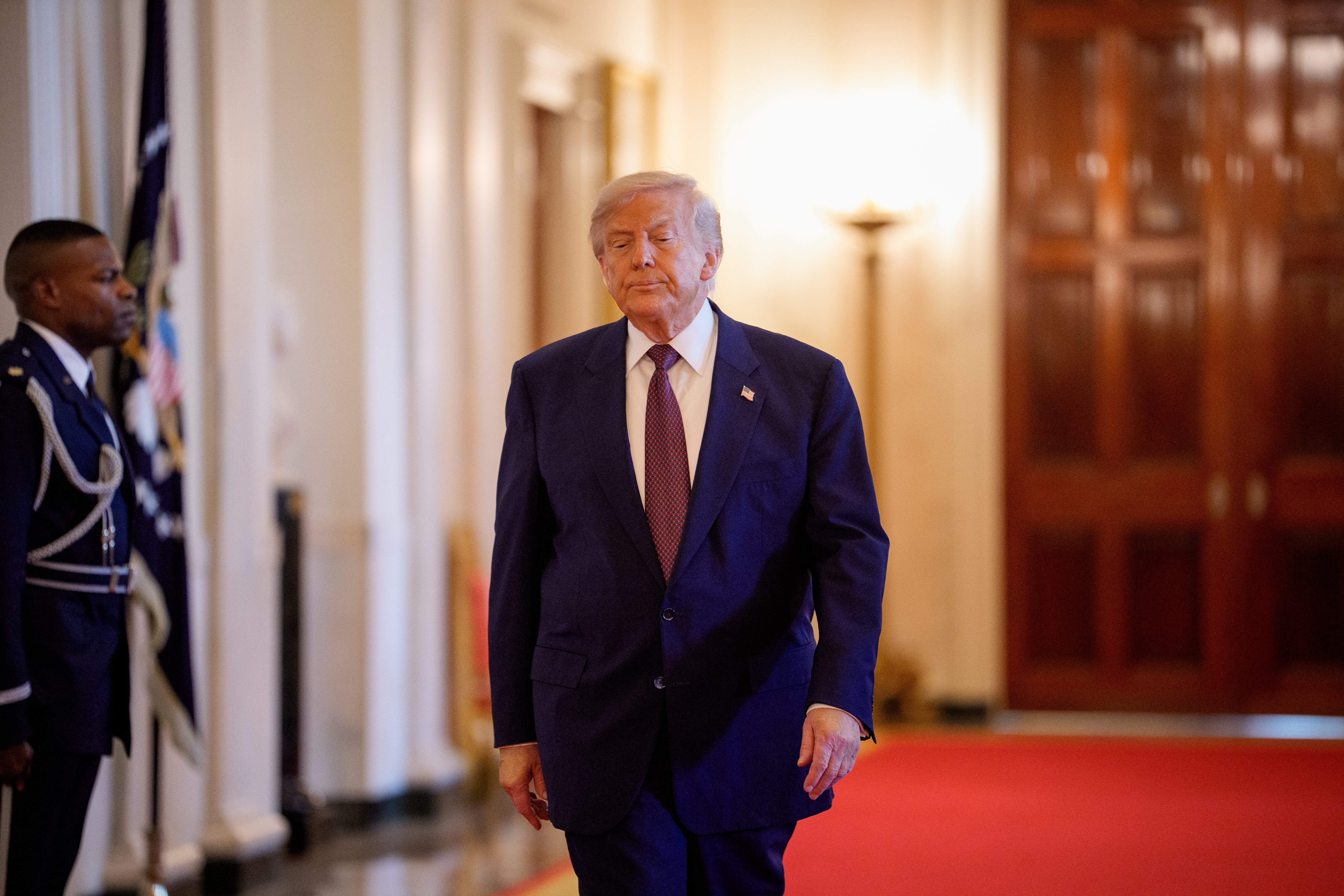 <p> U.S. President Donald Trump arrives for a Medal of Honor ceremony in the East Room of the White House</p>