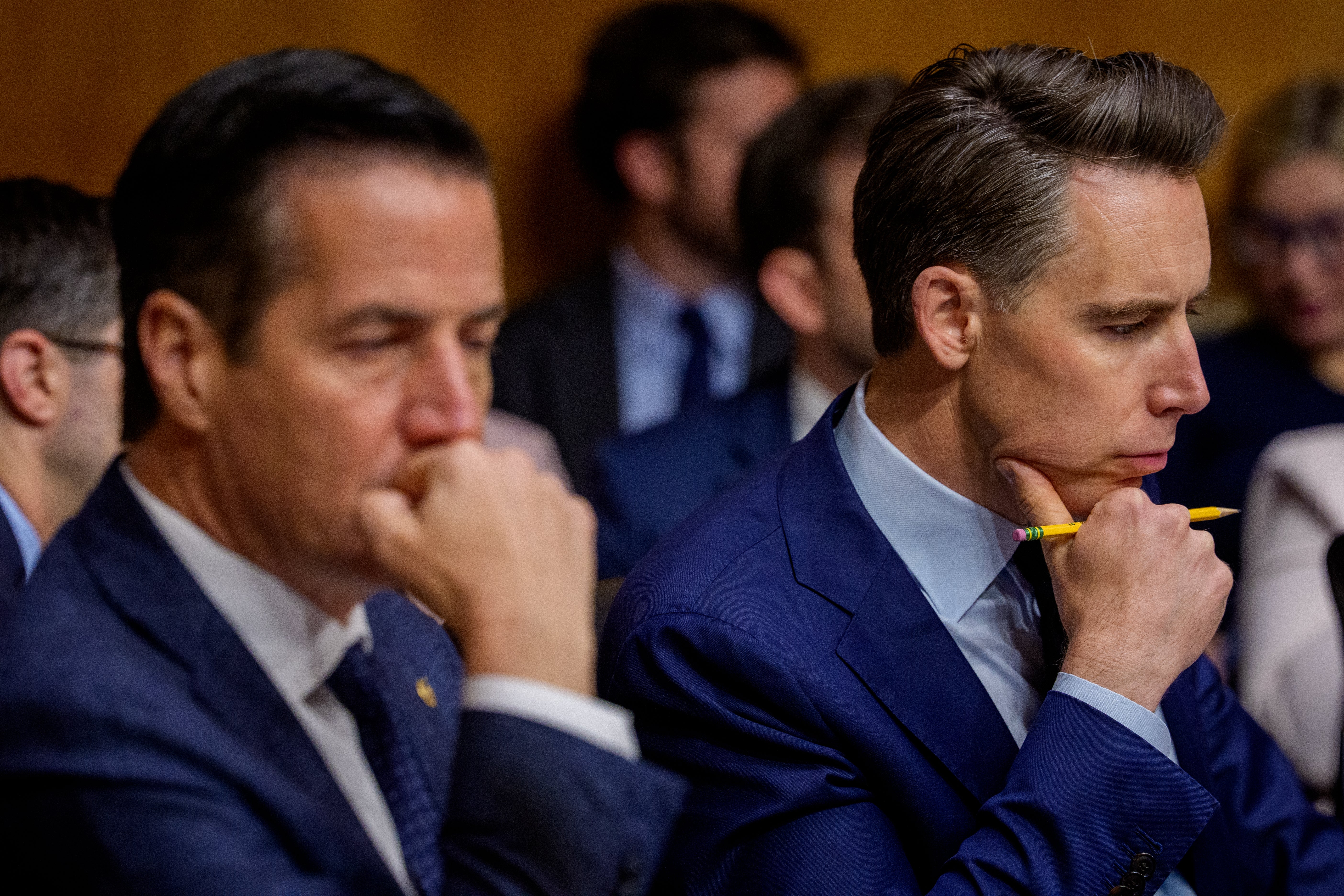Sen. Bernie Moreno (R-OH) (L) and Sen. Josh Hawley (R-MO) (R) appears during a Senate Homeland Security Committee proceeding connected Capitol Hill connected May 19, 2026