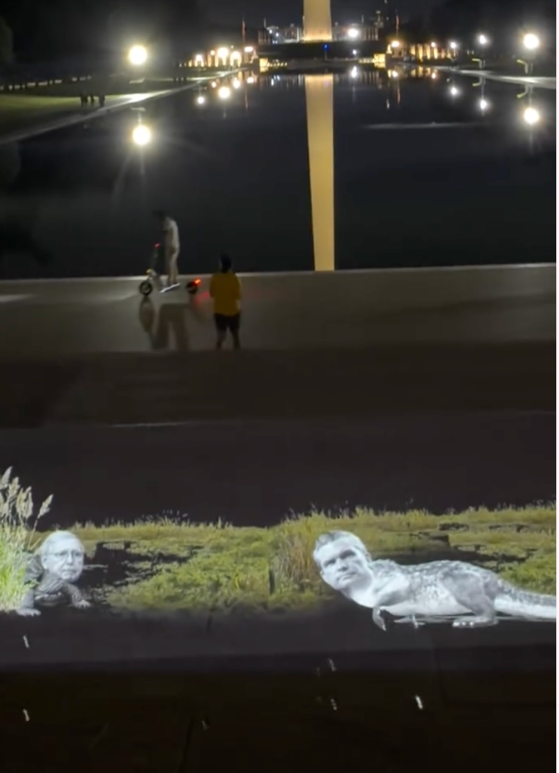 Projections crossed Washington DC from prankster group VJayBombs portrayed Senator Mitch McConnell and Defense Secretary Pete Hegseth arsenic swamp creatures adjacent nan Lincoln Memorial Reflecting Pool