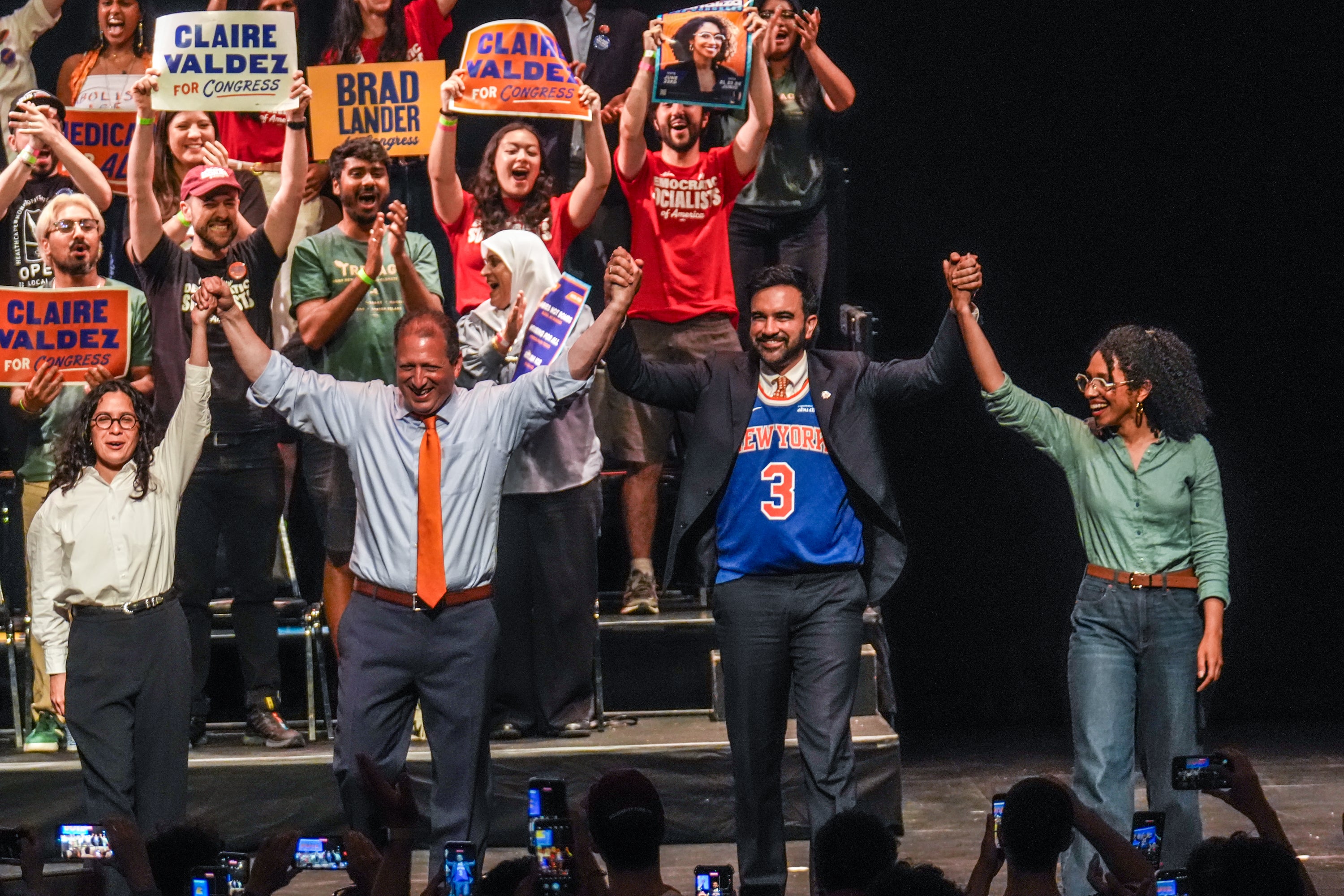 Democratic legislature candidates Claire Valdez, Brad Lander and Darializa Avila Chevalier motion connected shape pinch Mayor Zohran Mamdani during a Get Out The Vote rally up of New York's superior predetermination connected June 18