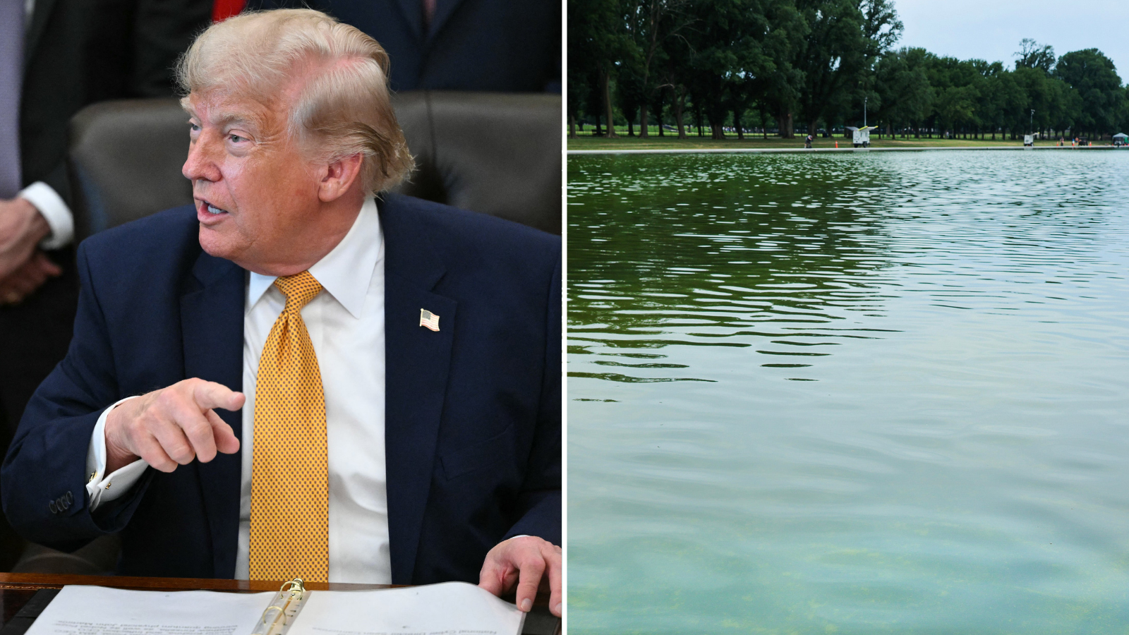 Pritzker responded to Trump by mocking nan president’s botched renewal of nan Lincoln Memorial Reflecting Pool (right)