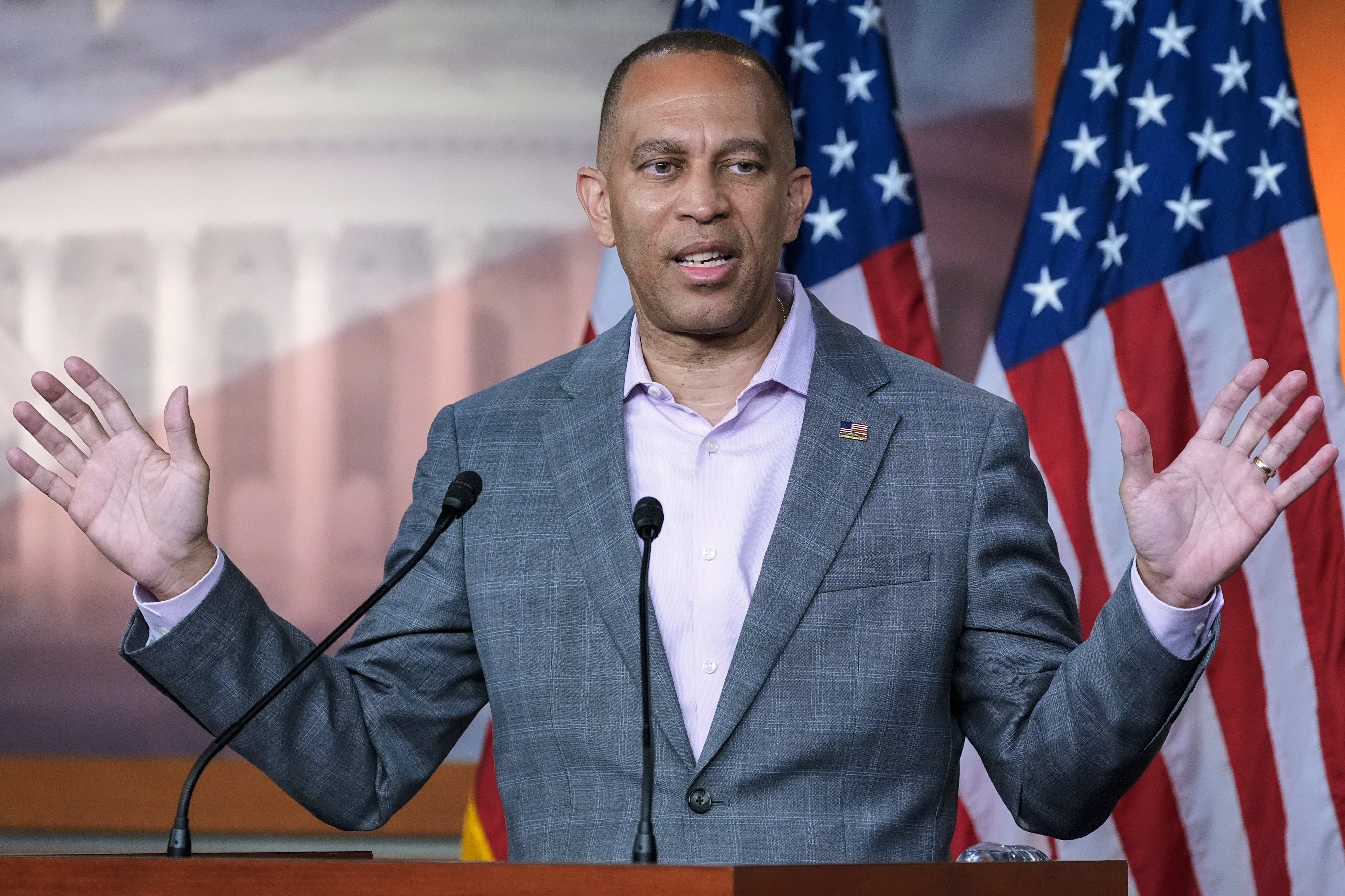 House Minority Leader Hakeem Jeffries, D-N.Y., speaks during a news convention connected Capitol Hill, Thursday, June 11, 2026, successful Washington. (AP Photo/Mariam Zuhaib)