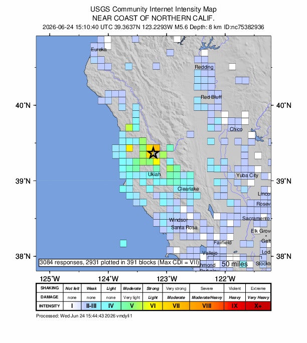 The 5.6-magnitude earthquake struck successful inland Mendocino County, conscionable southeast of Willits
