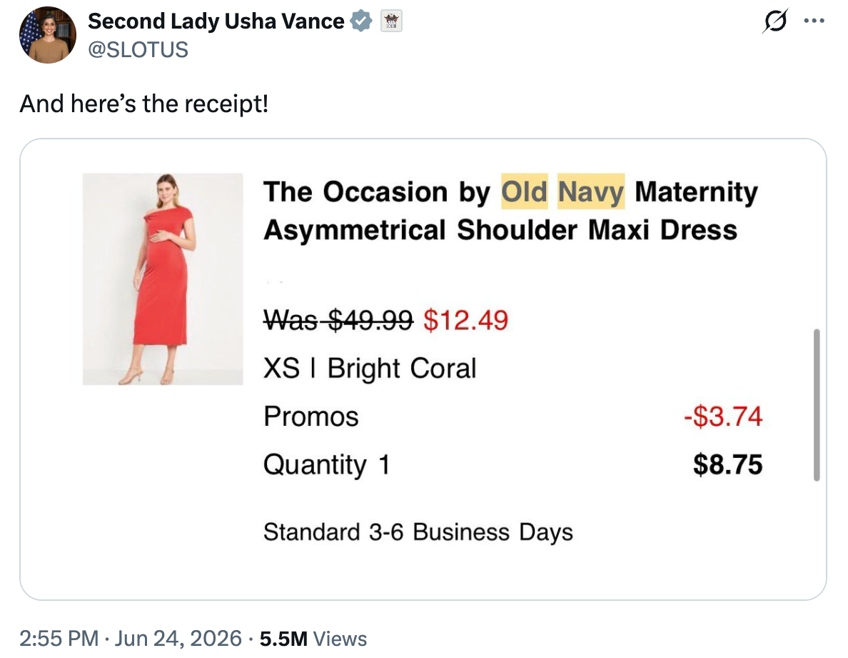 The 2nd woman purchased nan dress for $8.75 from Old Navy, she wrote connected X, providing an image of her receipt