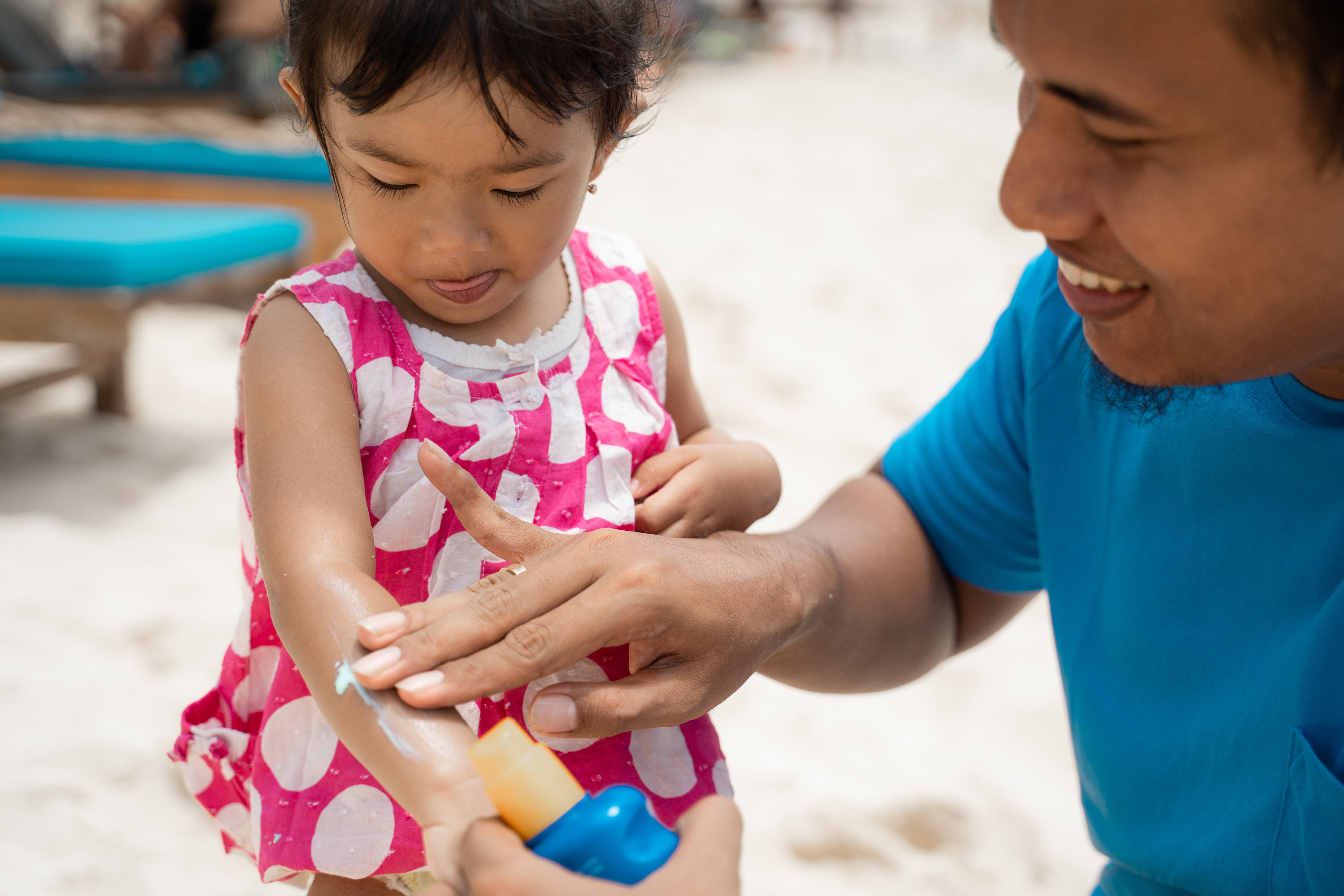 Regular reapplication every two hours is recommended, regardless of whether sunscreen is a ‘once-a-day’ type or not, as it’s very easy to miss patches of skin when sunscreen is applied on children, or the sunscreen might rub off. Reapplication is particularly important after exercise, swimming, sweating, or towel-drying