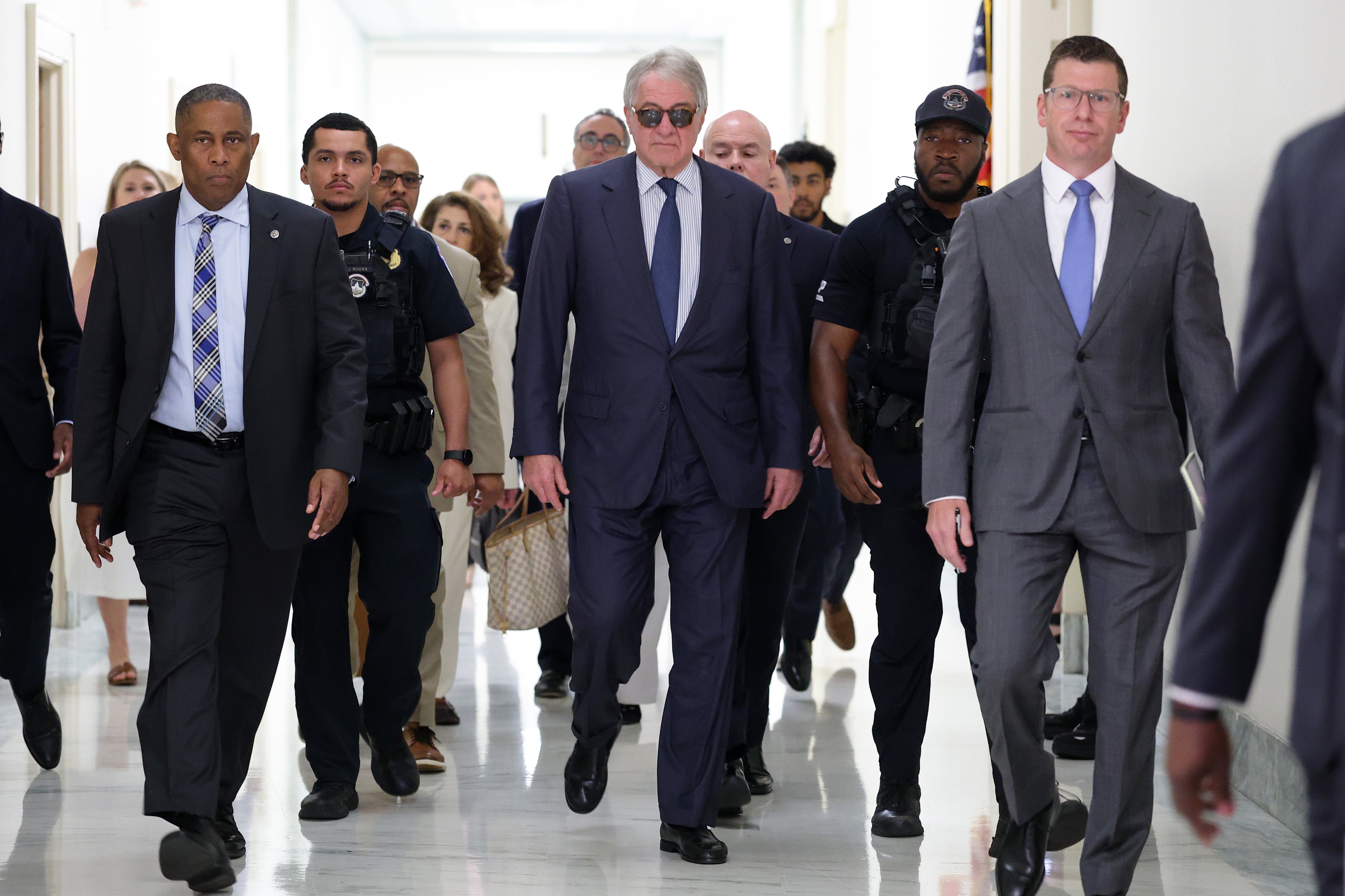 Former CEO of Apollo Global Management Leon Black (center) arrives to attest astatine a closed-door question and reply pinch nan House Oversight Committee connected Capitol Hill connected June 26, 2026 successful Washington, DC