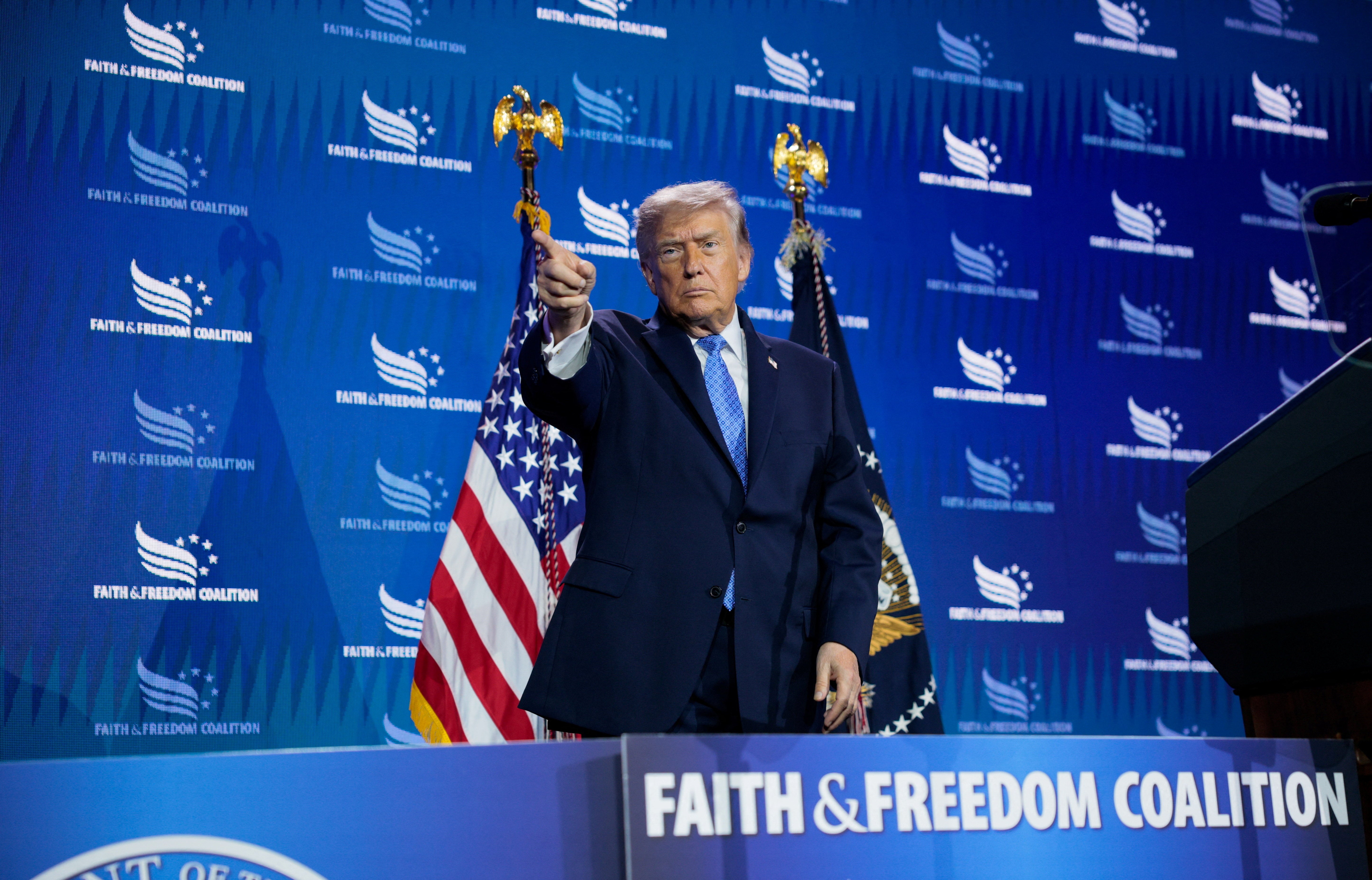 U.S. President Donald Trump points his digit during nan Faith & Freedom Coalition's 2026 Policy Conference astatine nan Washington Hilton, successful Washington, D.C., U.S., June 26, 2026.
