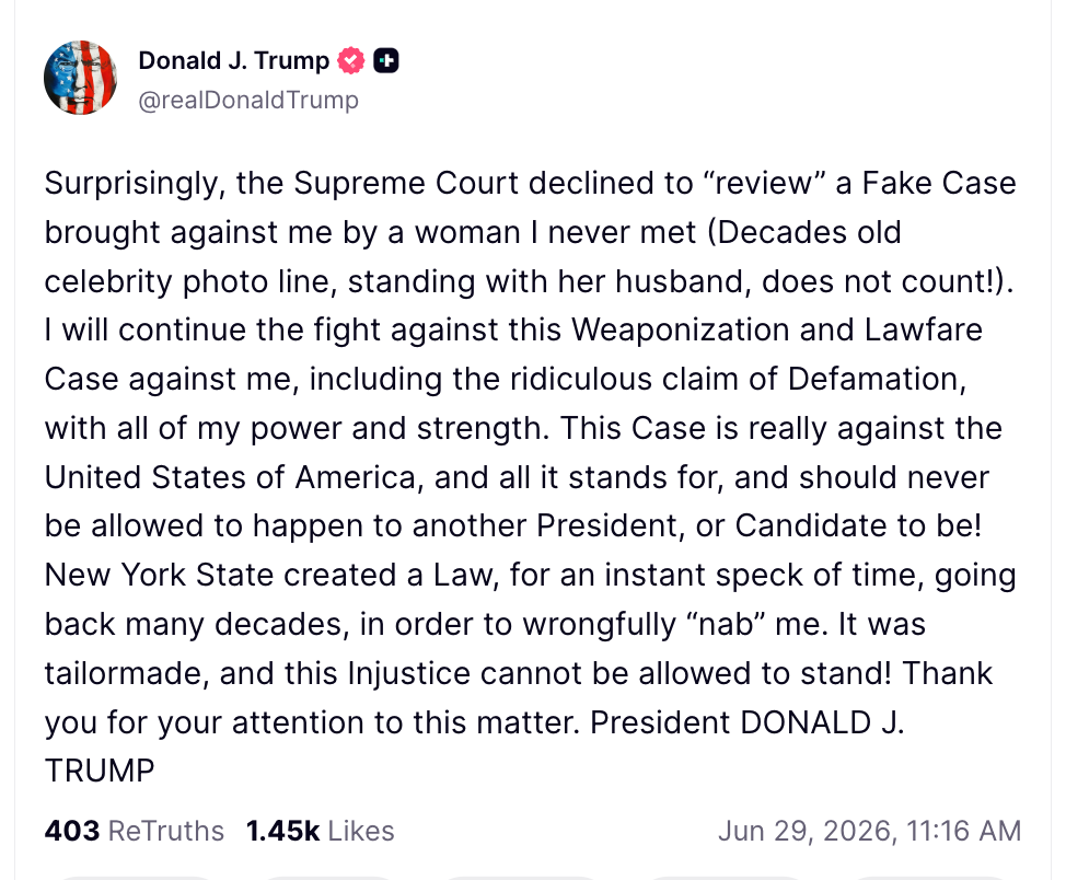 Trump again insisted he had ne'er met E Jean Carroll while insisting he would proceed fighting nan multi-million-dollar verdicts successful nan intersexual maltreatment and defamation case