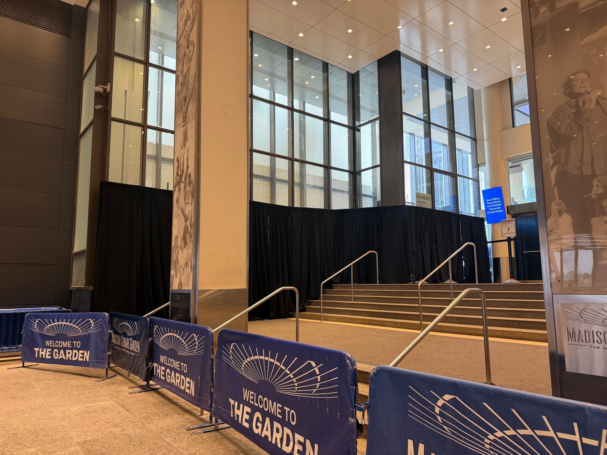 Blackout curtains statement nan ground-level windows adjacent a now-cordoned-off entranceway to Madison Square Garden connected Seventh Avenue disconnected W. 33rd Street Tuesday successful mentation for nan imaginable wedding of Taylor Swift and Travis Kelce