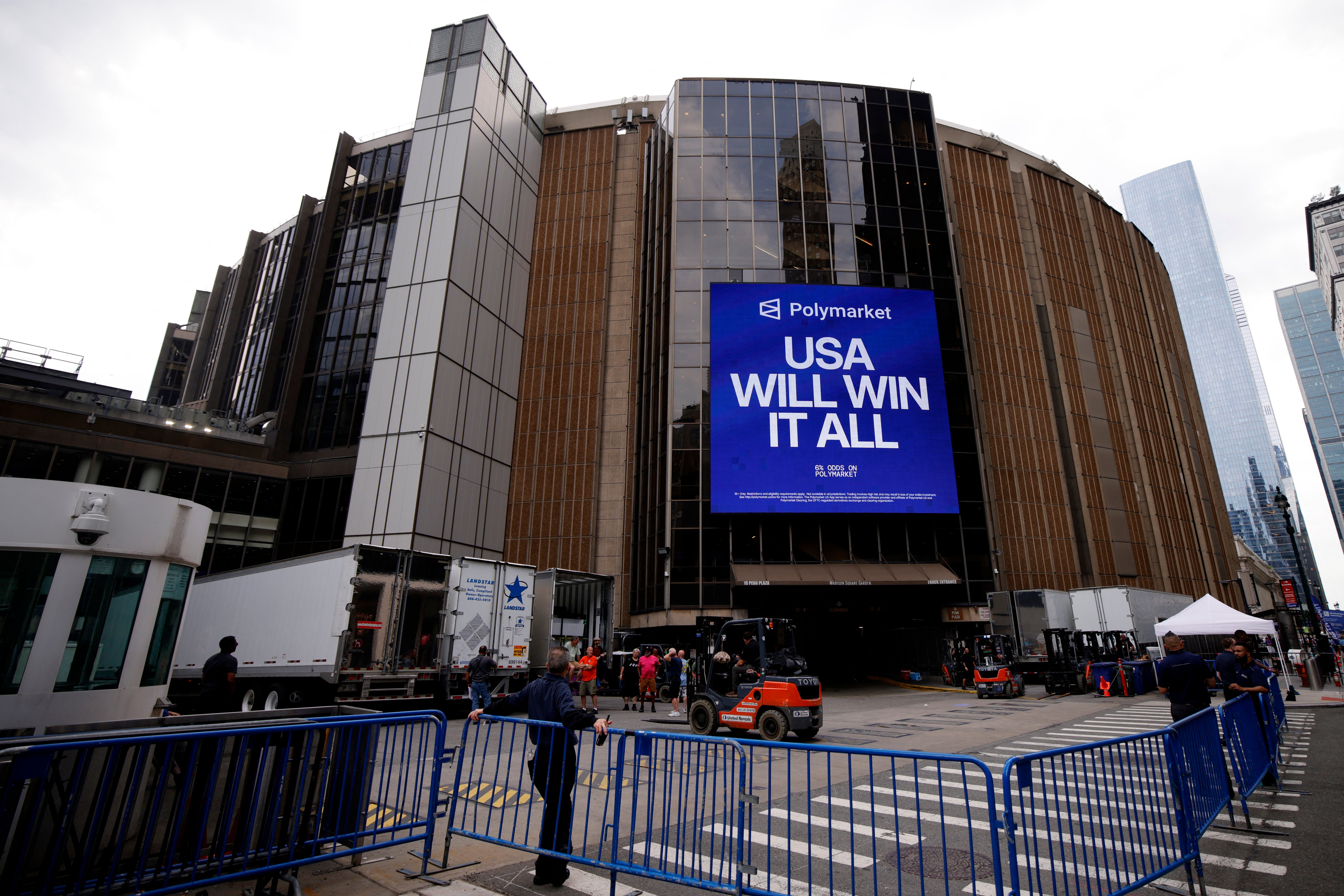 Forklifts and trucks are seen extracurricular Madison Square Garden successful New York connected June 30 arsenic expanding signs constituent to a mega-bash for nan A-list personage mates Taylor Swift and Travis Kelce astatine Madison Square Garden later this week.