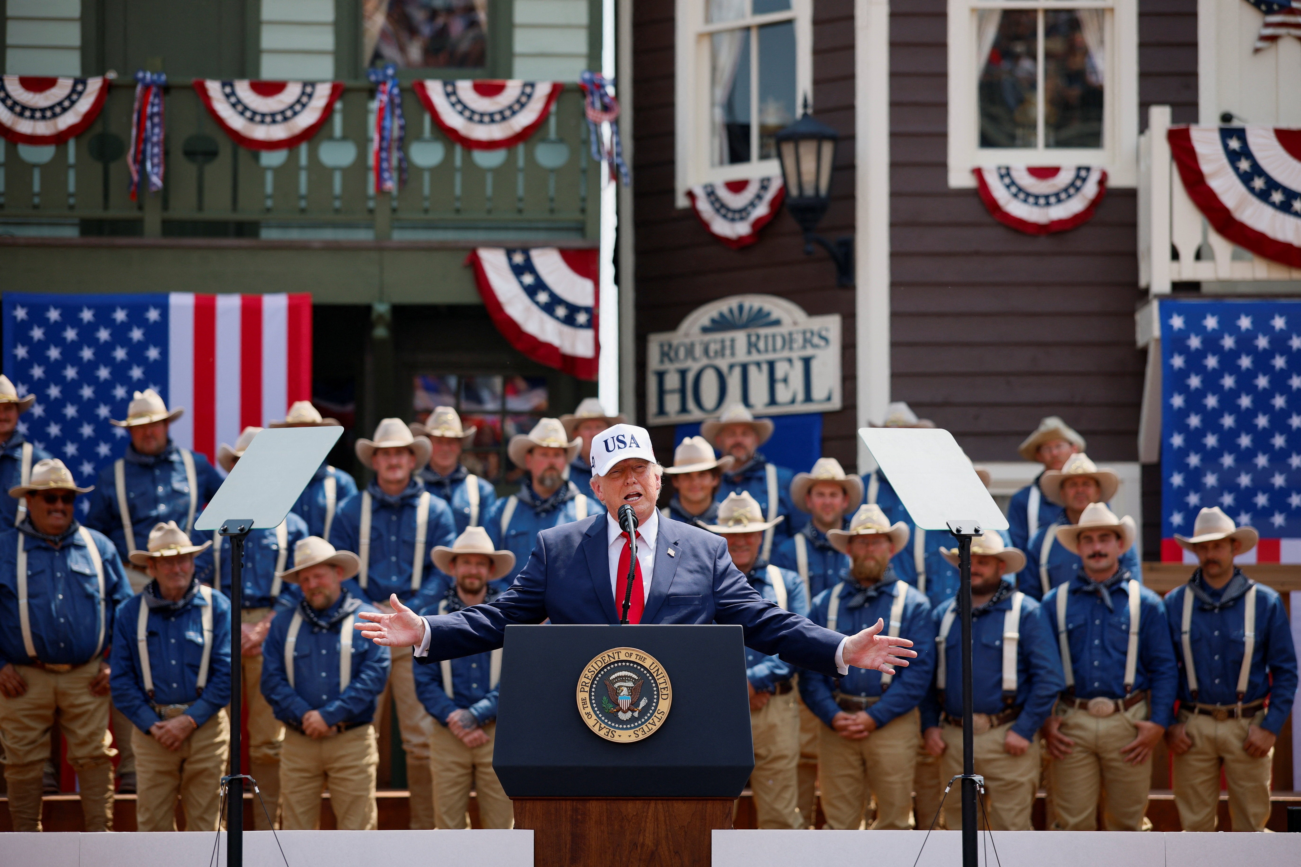 U.S. President Donald Trump speaks astatine Burning Hills Amphitheatre connected nan time of nan dedication of nan Theodore Roosevelt Presidential Library successful Medora, North Dakota,