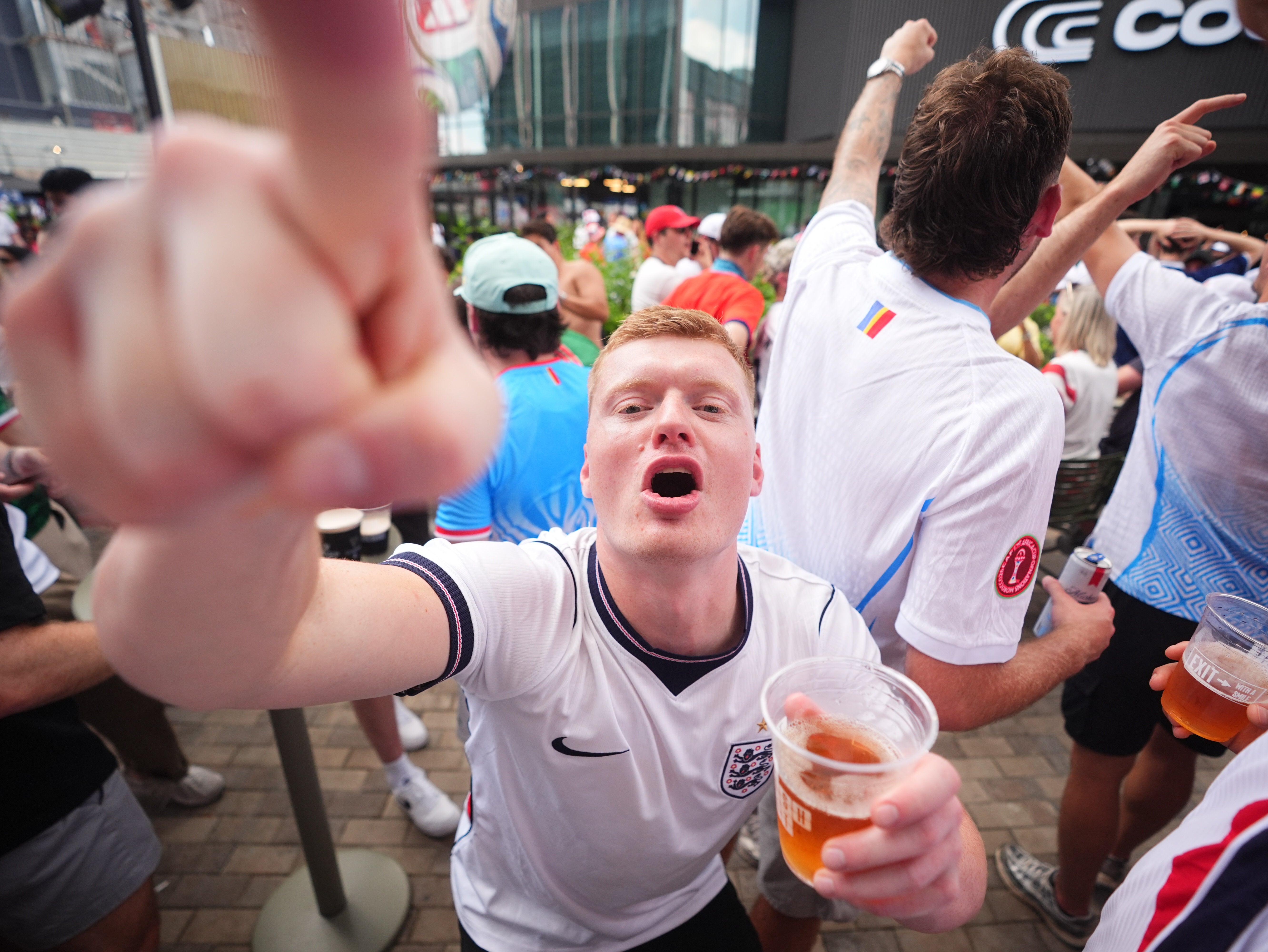 England fans celebrate in a bar near the Atlanta Stadium in Atlanta, Georgia, following England’s victory against DR Congo at the 2026 Fifa World Cup (James Manning/PA)